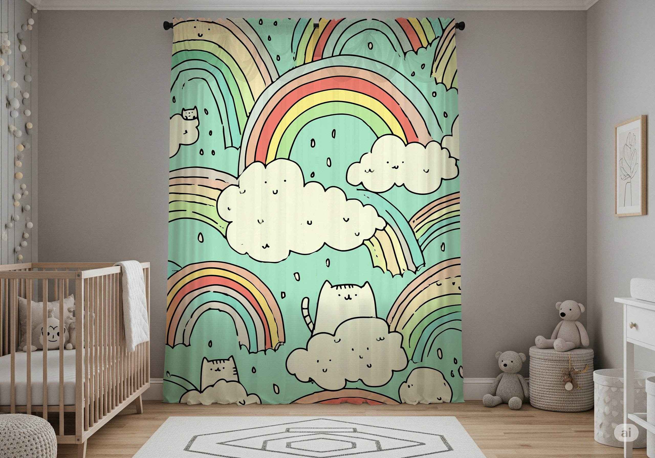 Whimsical Cat Rainbow Curtain, Playful Home Decor, Kids Room Accessories, Window Treatment, Colorful Nursery Curtain