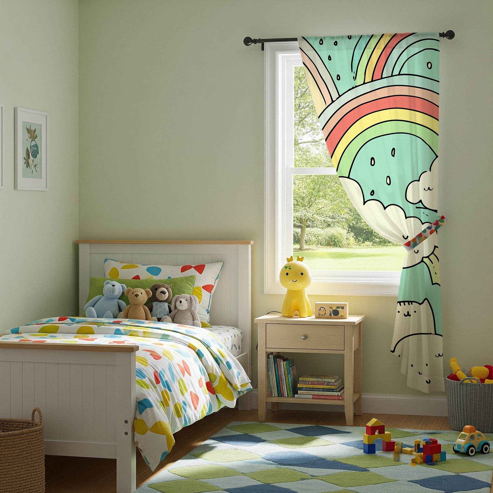 Whimsical Cat Rainbow Curtain, Playful Home Decor, Kids Room Accessories, Window Treatment, Colorful Nursery Curtain