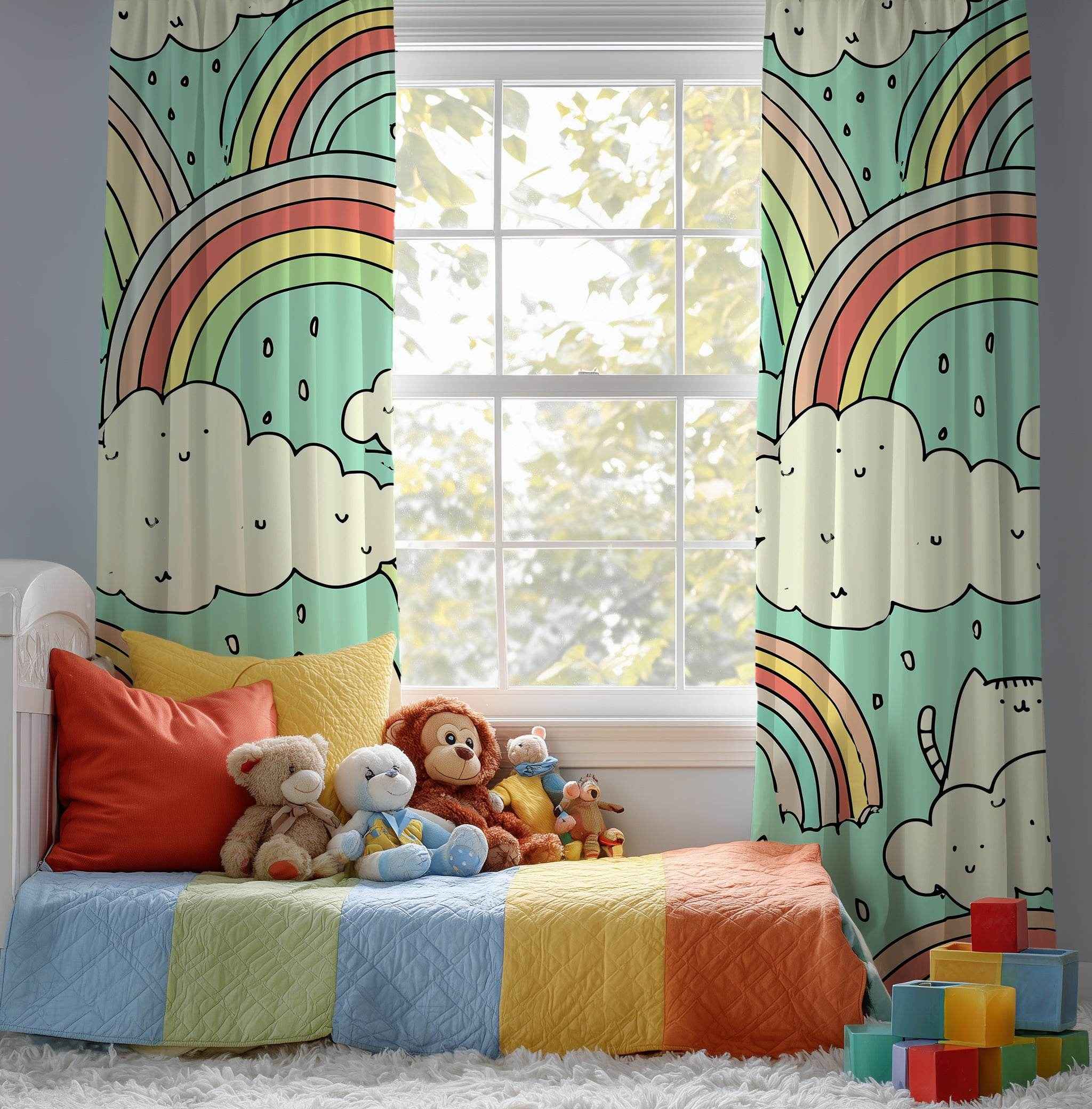 Whimsical Cat Rainbow Curtain, Playful Home Decor, Kids Room Accessories, Window Treatment, Colorful Nursery Curtain