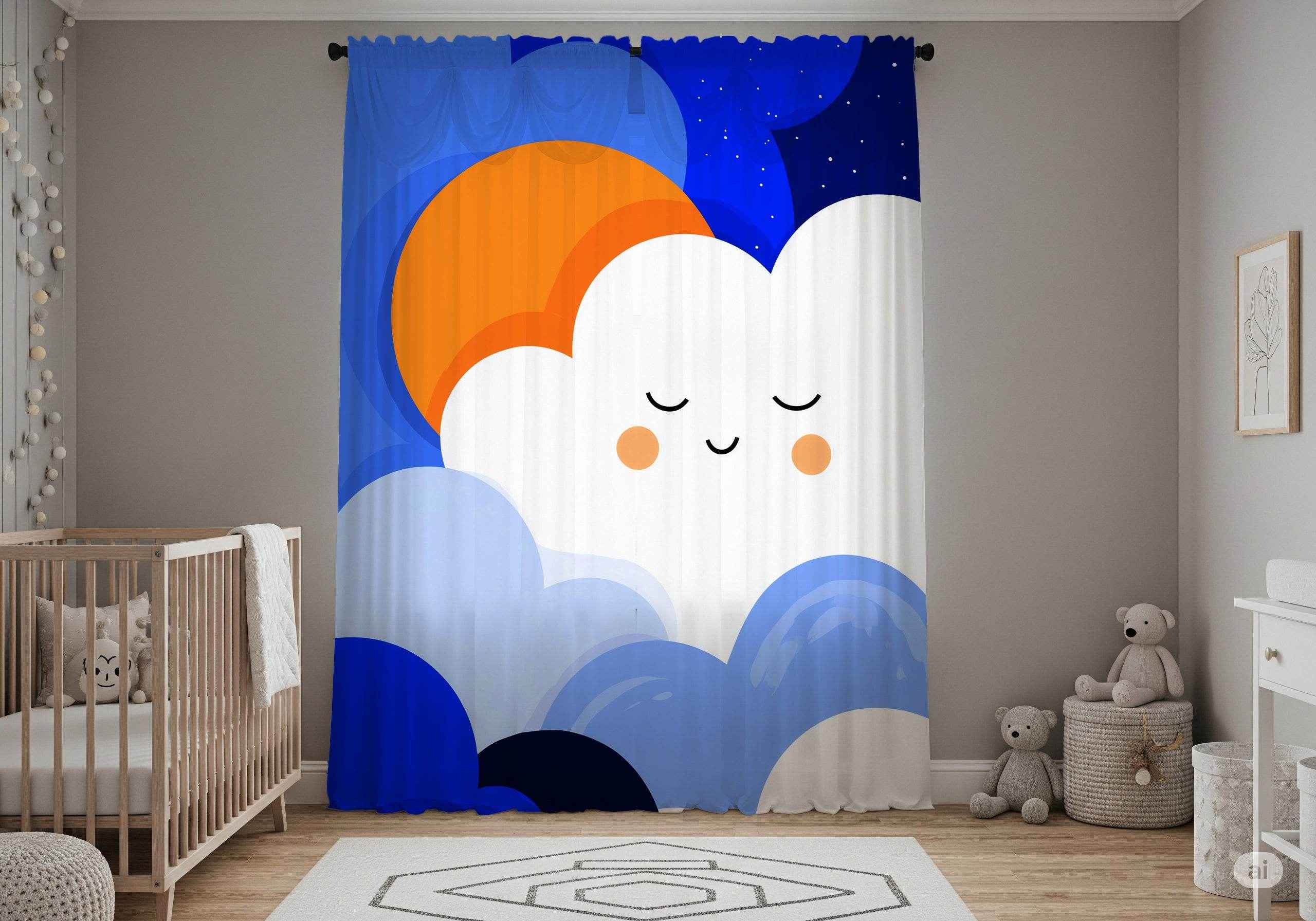 Whimsical Cloud Window Curtain, Kids Room Decor, Nursery Drapes, Playroom Curtains, Modern Home Accent