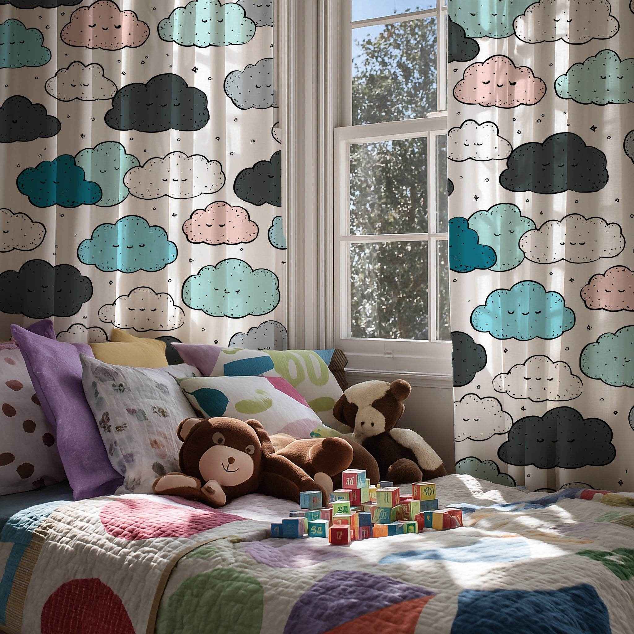 Cloud Pattern Window Curtain, Cute Kids Room Decor, Nursery Drapes, Soft Pastel Colors, Decorative Curtain Panels, Ideal for Baby Showers