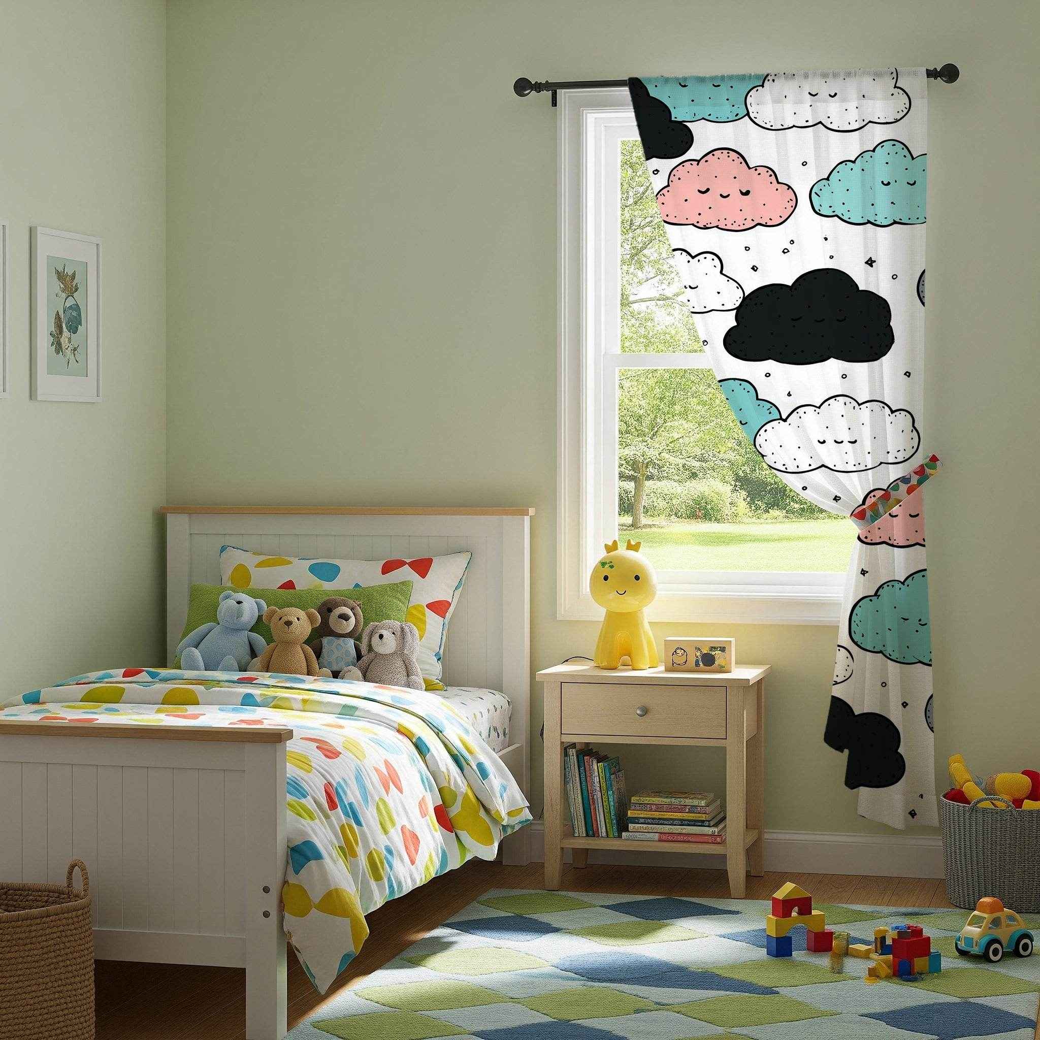 Cloud Pattern Window Curtain, Cute Kids Room Decor, Nursery Drapes, Soft Pastel Colors, Decorative Curtain Panels, Ideal for Baby Showers