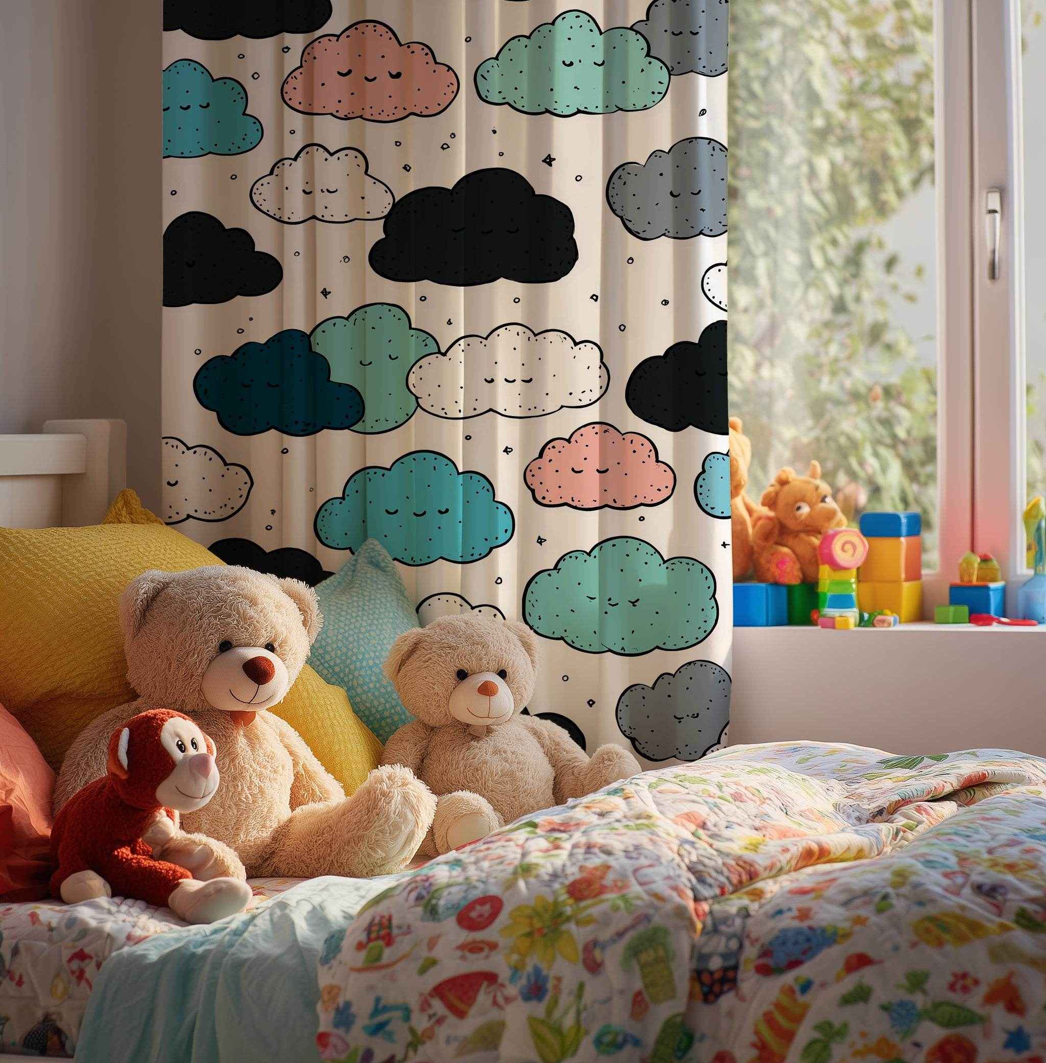 Cloud Pattern Window Curtain, Cute Kids Room Decor, Nursery Drapes, Soft Pastel Colors, Decorative Curtain Panels, Ideal for Baby Showers