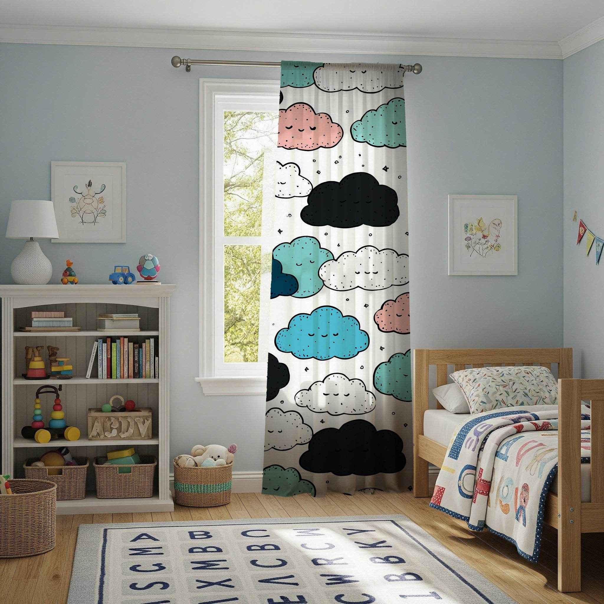 Cloud Pattern Window Curtain, Cute Kids Room Decor, Nursery Drapes, Soft Pastel Colors, Decorative Curtain Panels, Ideal for Baby Showers