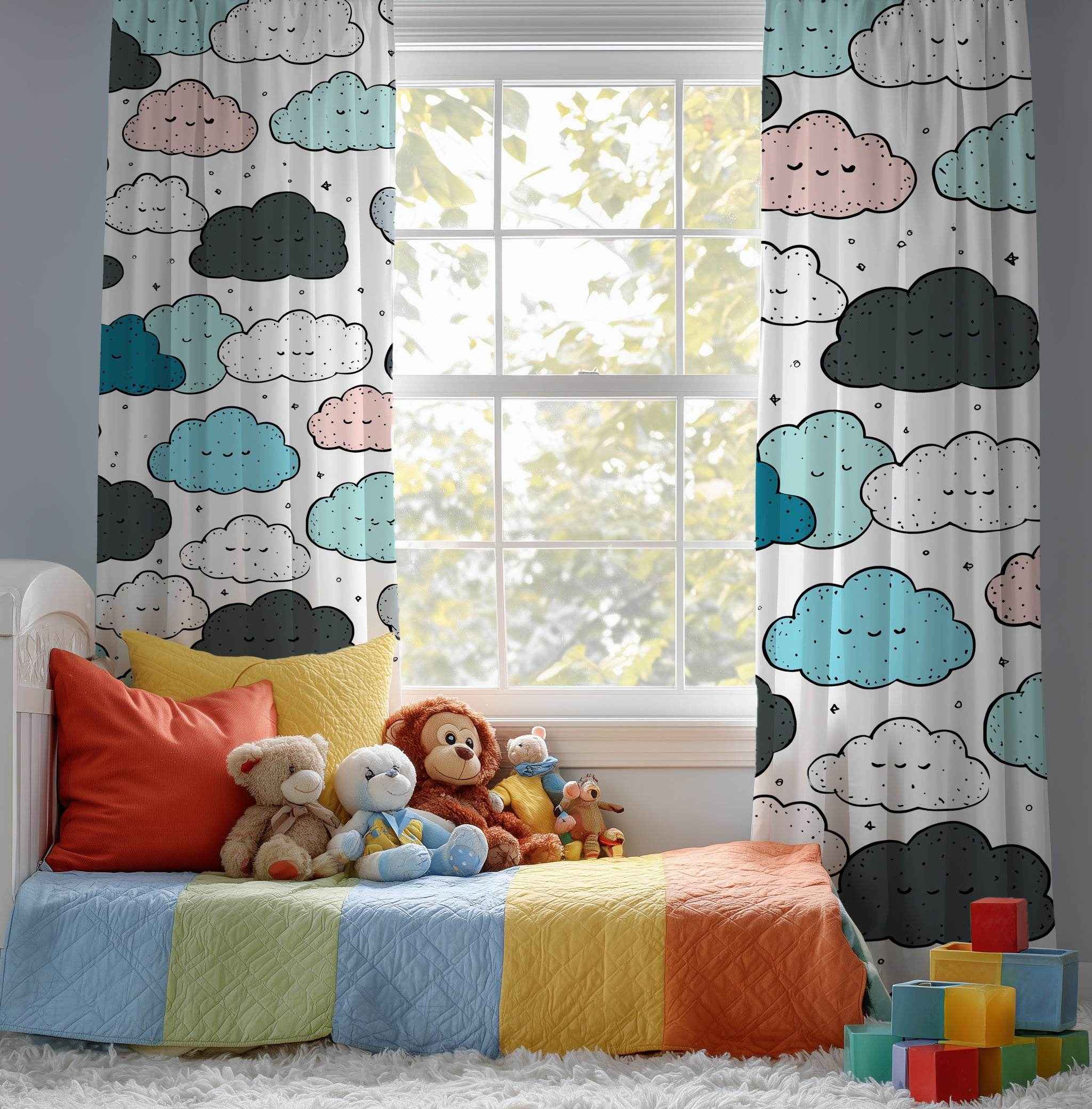 Cloud Pattern Window Curtain, Cute Kids Room Decor, Nursery Drapes, Soft Pastel Colors, Decorative Curtain Panels, Ideal for Baby Showers