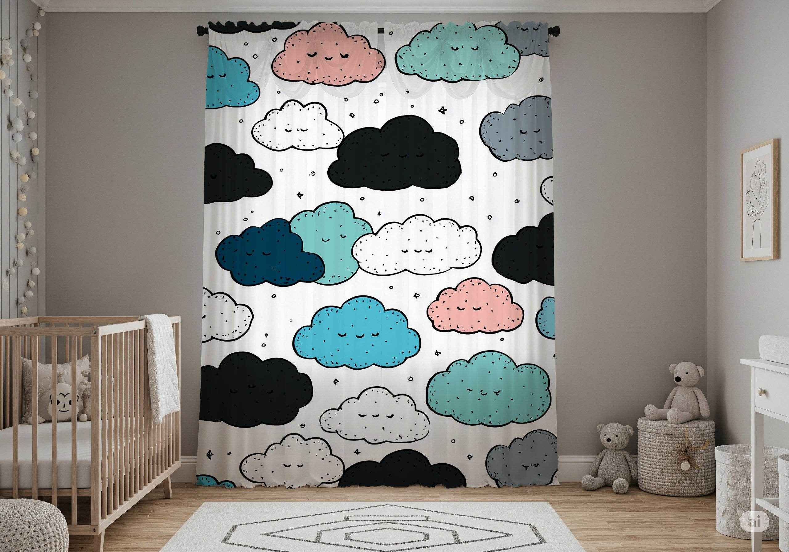 Cloud Pattern Window Curtain, Cute Kids Room Decor, Nursery Drapes, Soft Pastel Colors, Decorative Curtain Panels, Ideal for Baby Showers
