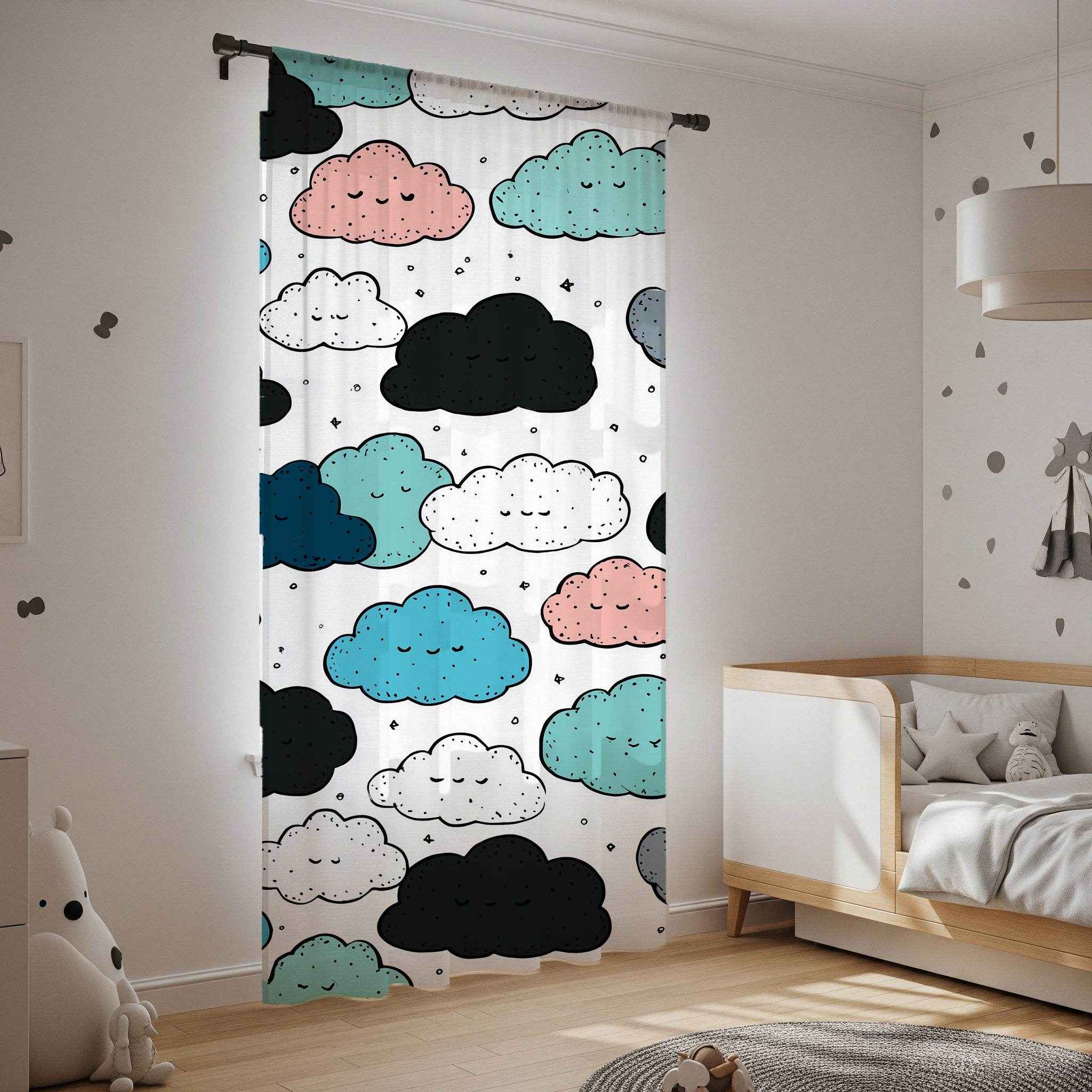 Cloud Pattern Window Curtain, Cute Kids Room Decor, Nursery Drapes, Soft Pastel Colors, Decorative Curtain Panels, Ideal for Baby Showers