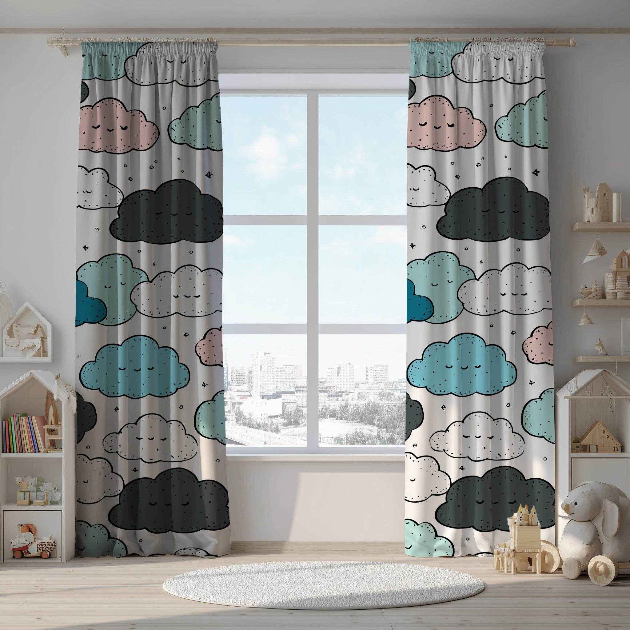 Cloud Pattern Window Curtain, Cute Kids Room Decor, Nursery Drapes, Soft Pastel Colors, Decorative Curtain Panels, Ideal for Baby Showers