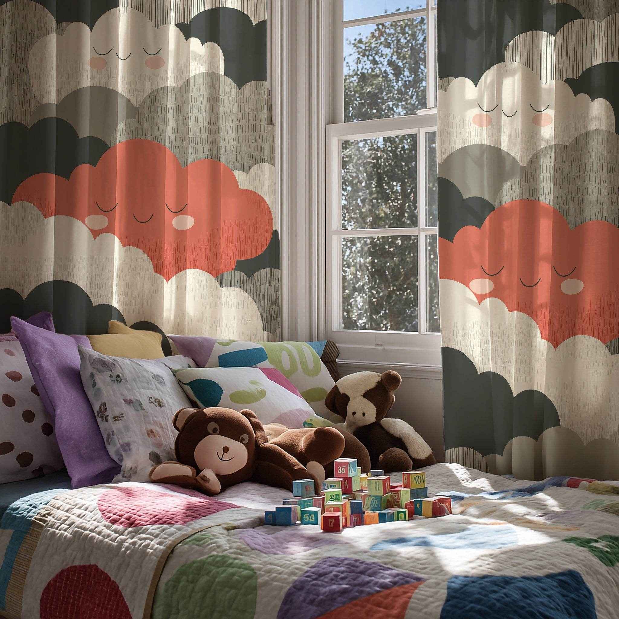 Playful Cloud Window Curtain, Kids Room Decor, Nursery Curtains, Whimsical Home Accessories, Soft Clouds Fabric Panel