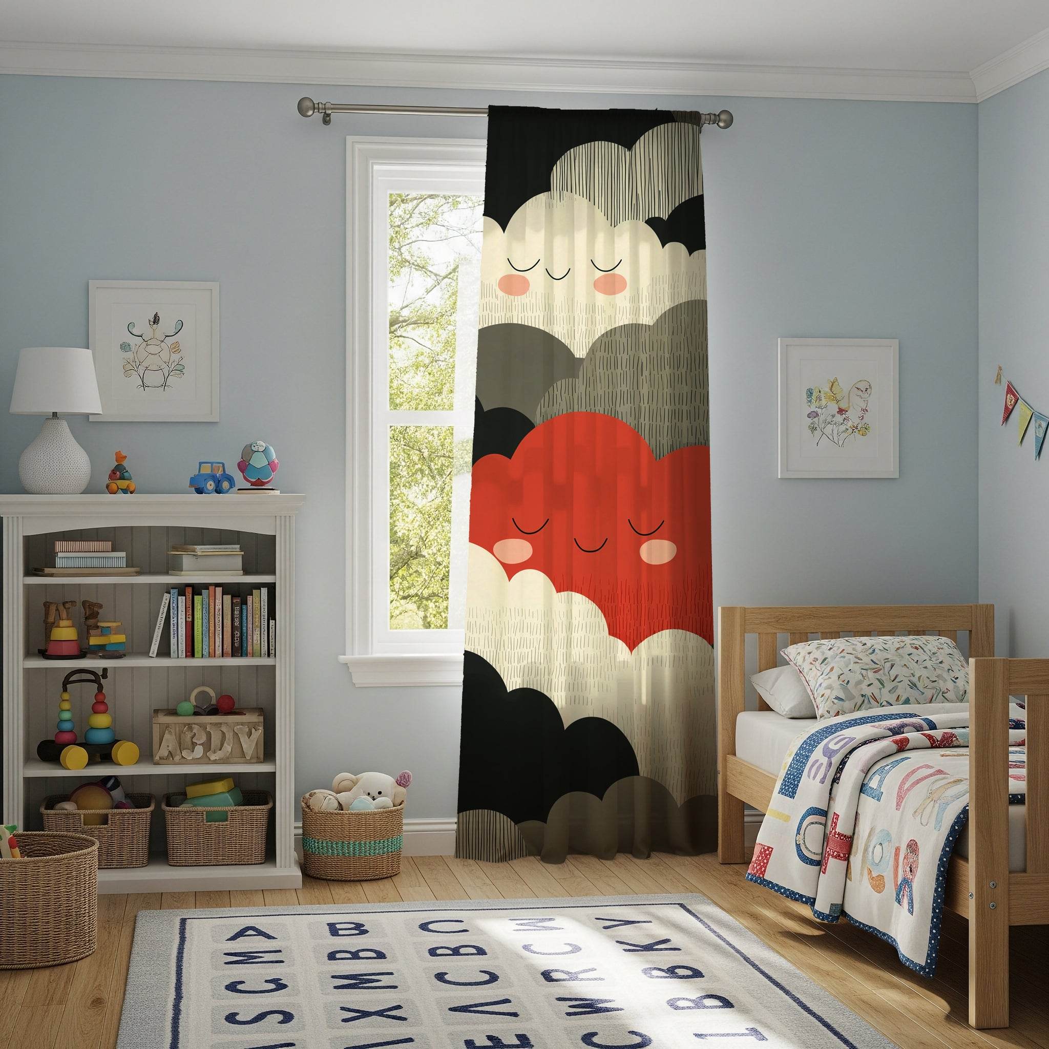 Playful Cloud Window Curtain, Kids Room Decor, Nursery Curtains, Whimsical Home Accessories, Soft Clouds Fabric Panel - Home Decor -
