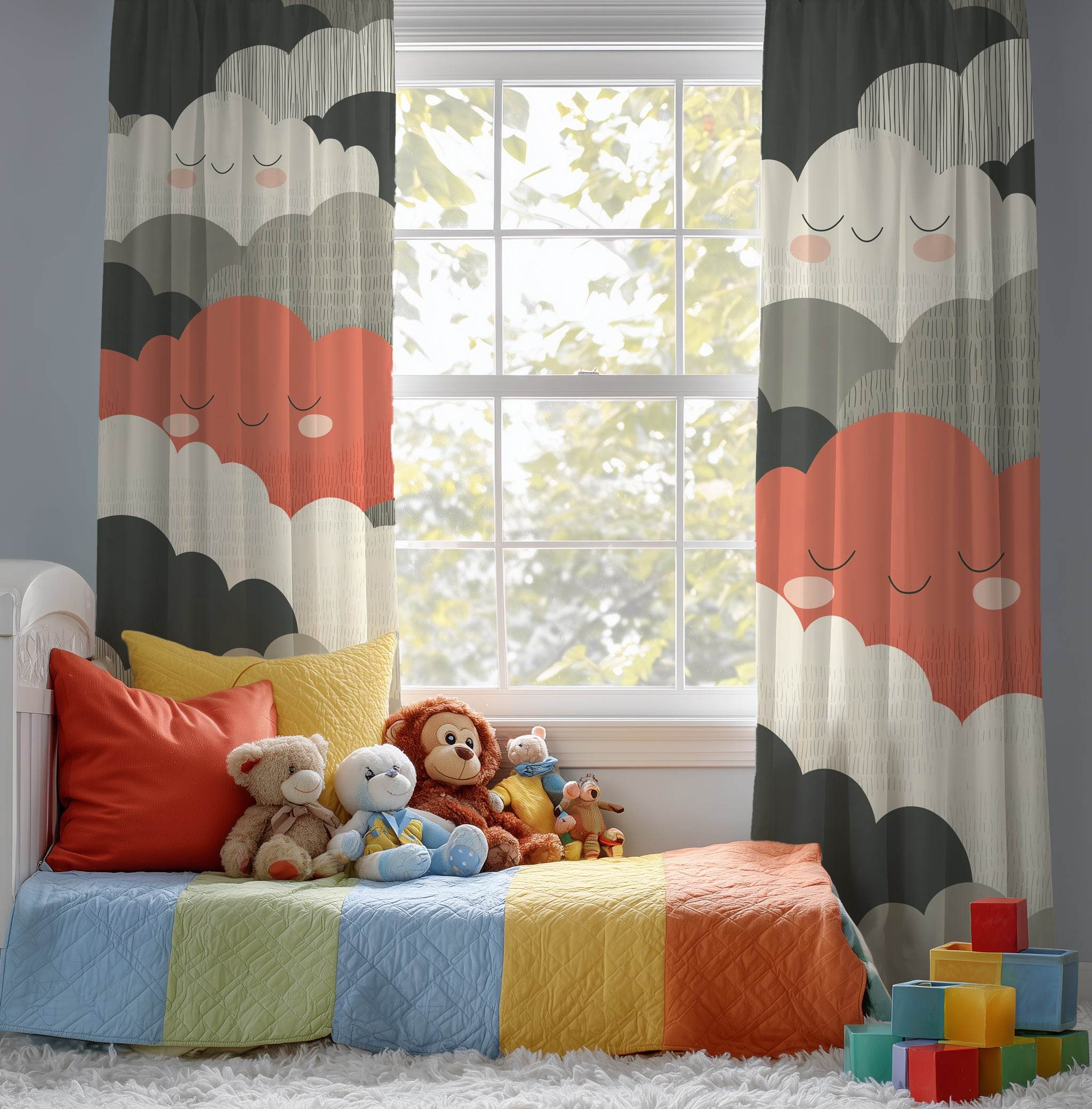 Playful Cloud Window Curtain, Kids Room Decor, Nursery Curtains, Whimsical Home Accessories, Soft Clouds Fabric Panel - Home Decor -