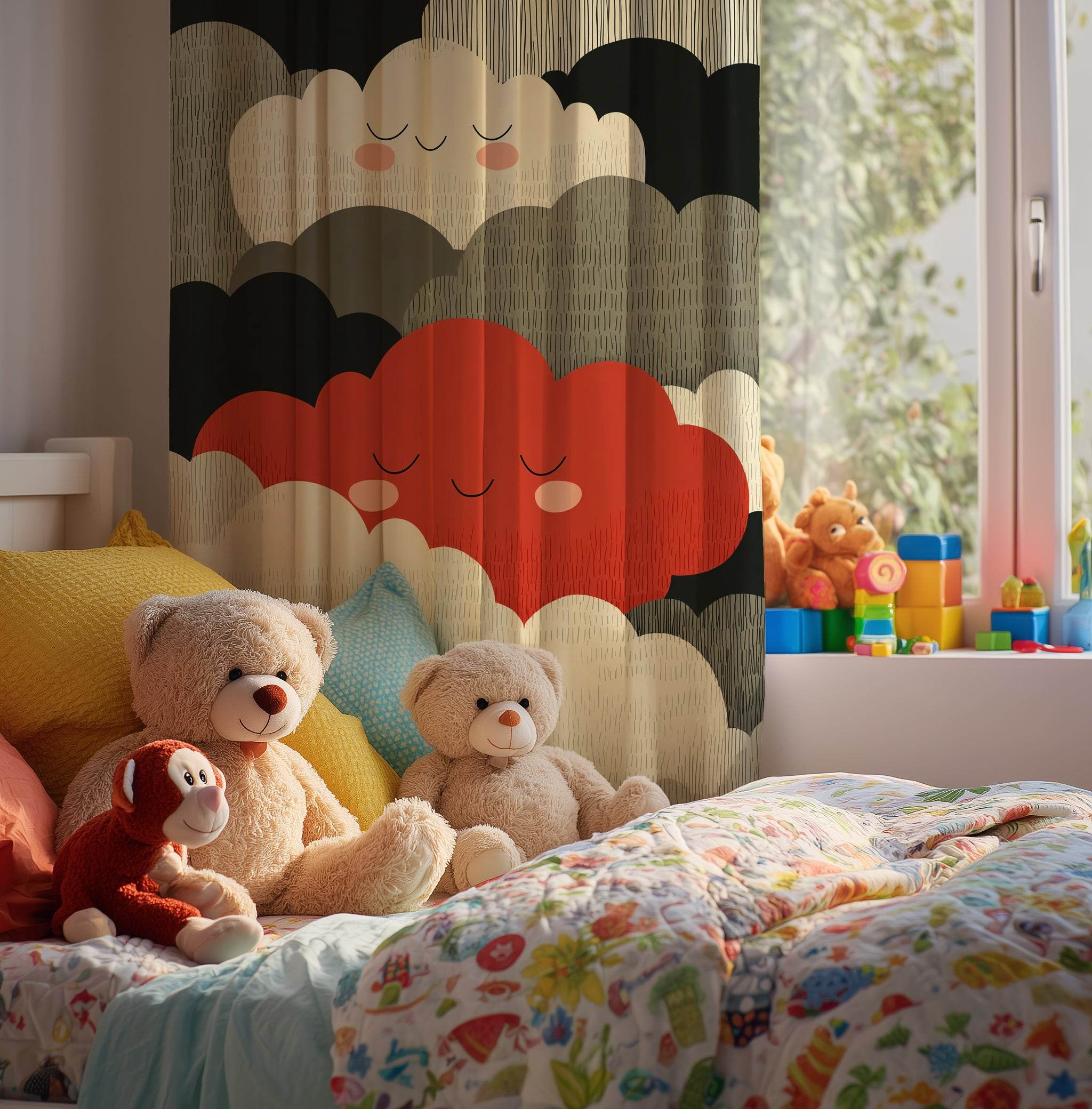 Playful Cloud Window Curtain, Kids Room Decor, Nursery Curtains, Whimsical Home Accessories, Soft Clouds Fabric Panel - Home Decor -