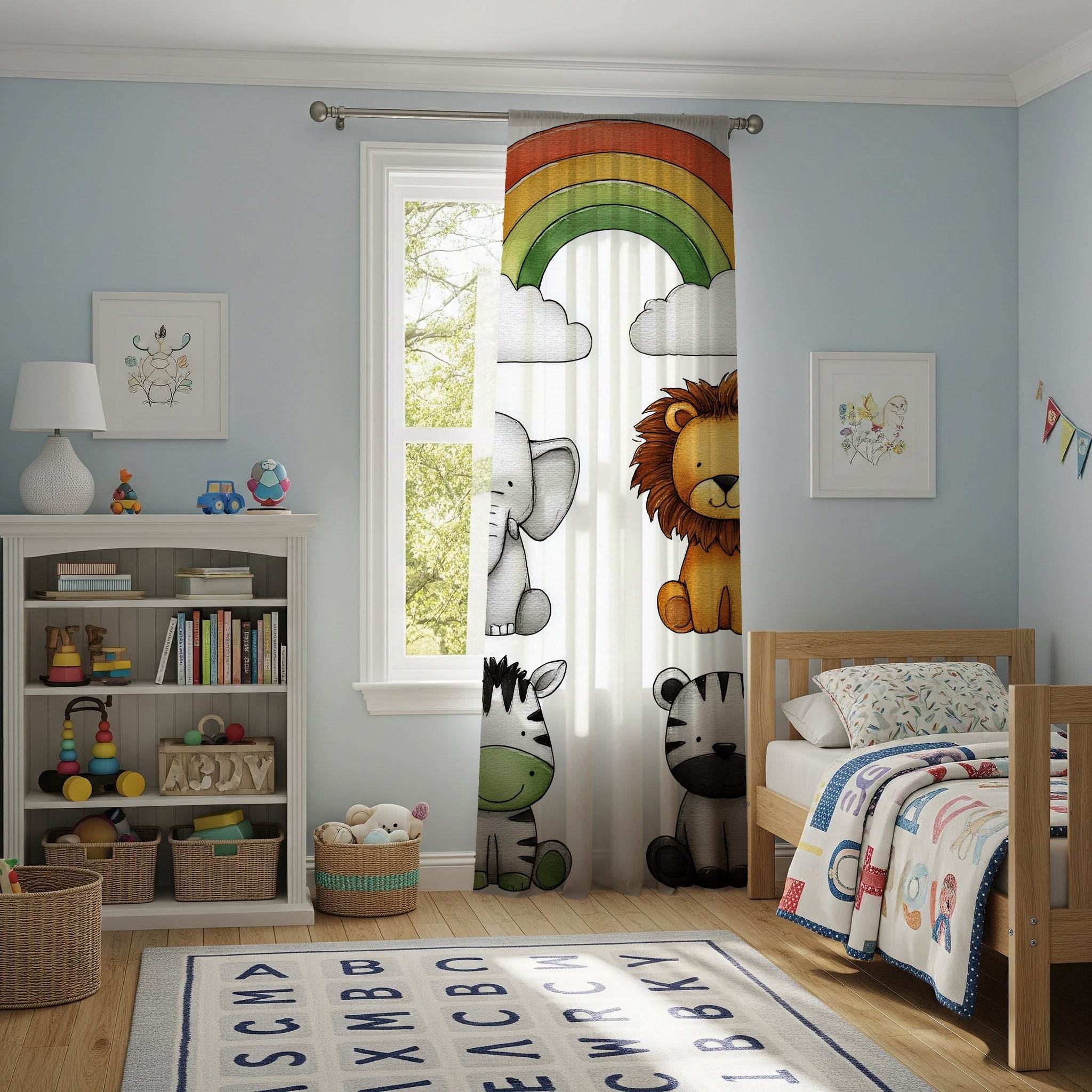 Whimsical Animal Window Curtain with Rainbow Design, Kids Room Decor, Nursery Curtains, Playroom Window Treatment, Cute Animal Prints - Home Decor -