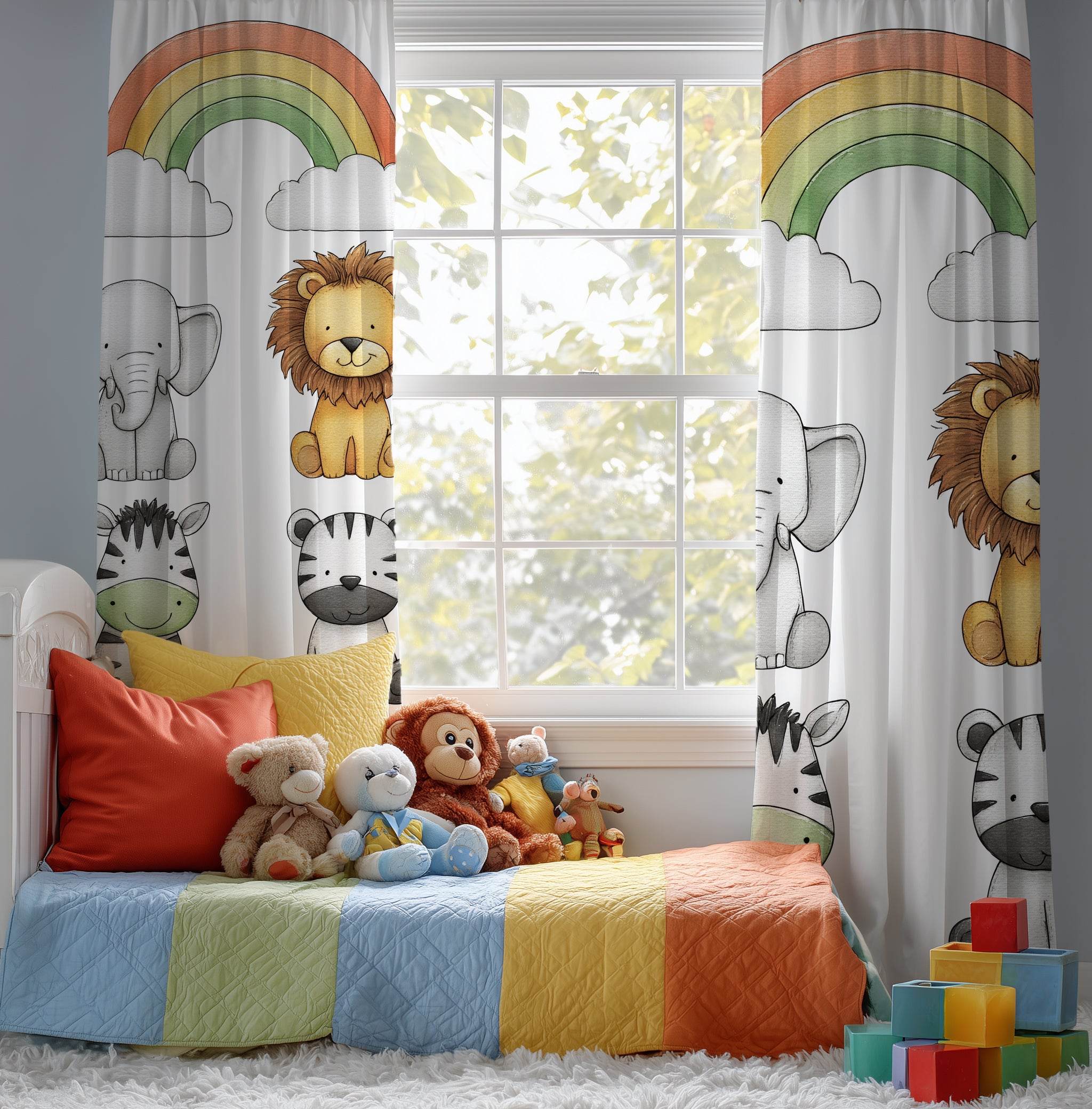 Whimsical Animal Window Curtain with Rainbow Design, Kids Room Decor, Nursery Curtains, Playroom Window Treatment, Cute Animal Prints - Home Decor -
