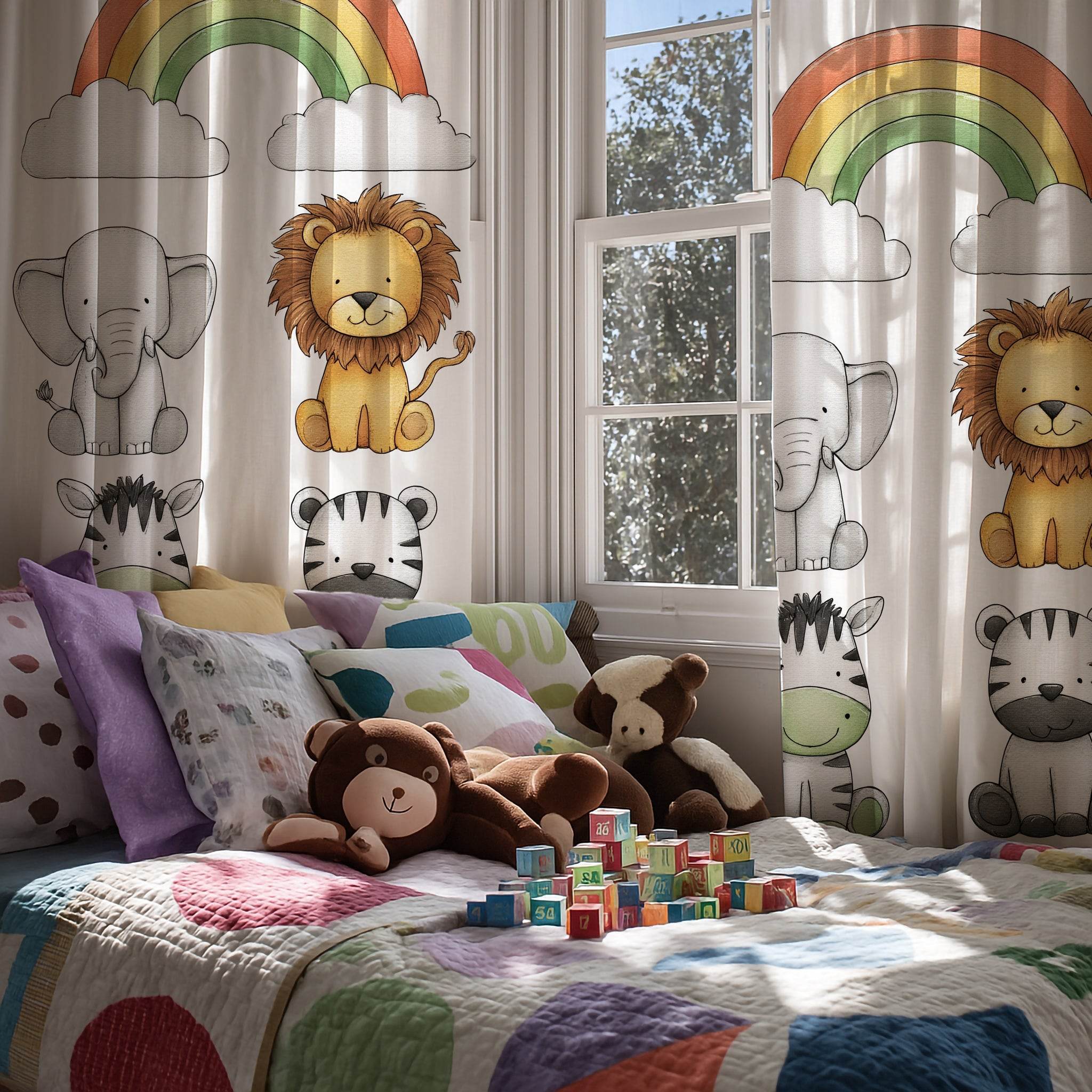 Whimsical Animal Window Curtain with Rainbow Design, Kids Room Decor, Nursery Curtains, Playroom Window Treatment, Cute Animal Prints - Home Decor -