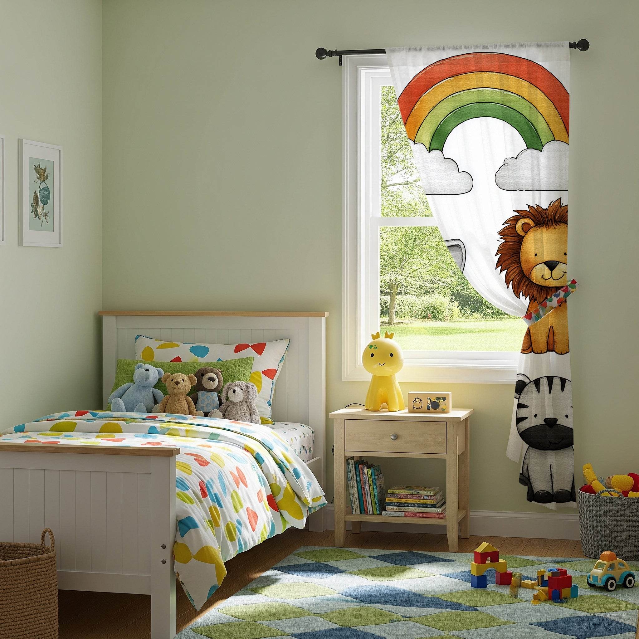 Whimsical Animal Window Curtain with Rainbow Design, Kids Room Decor, Nursery Curtains, Playroom Window Treatment, Cute Animal Prints - Home Decor -