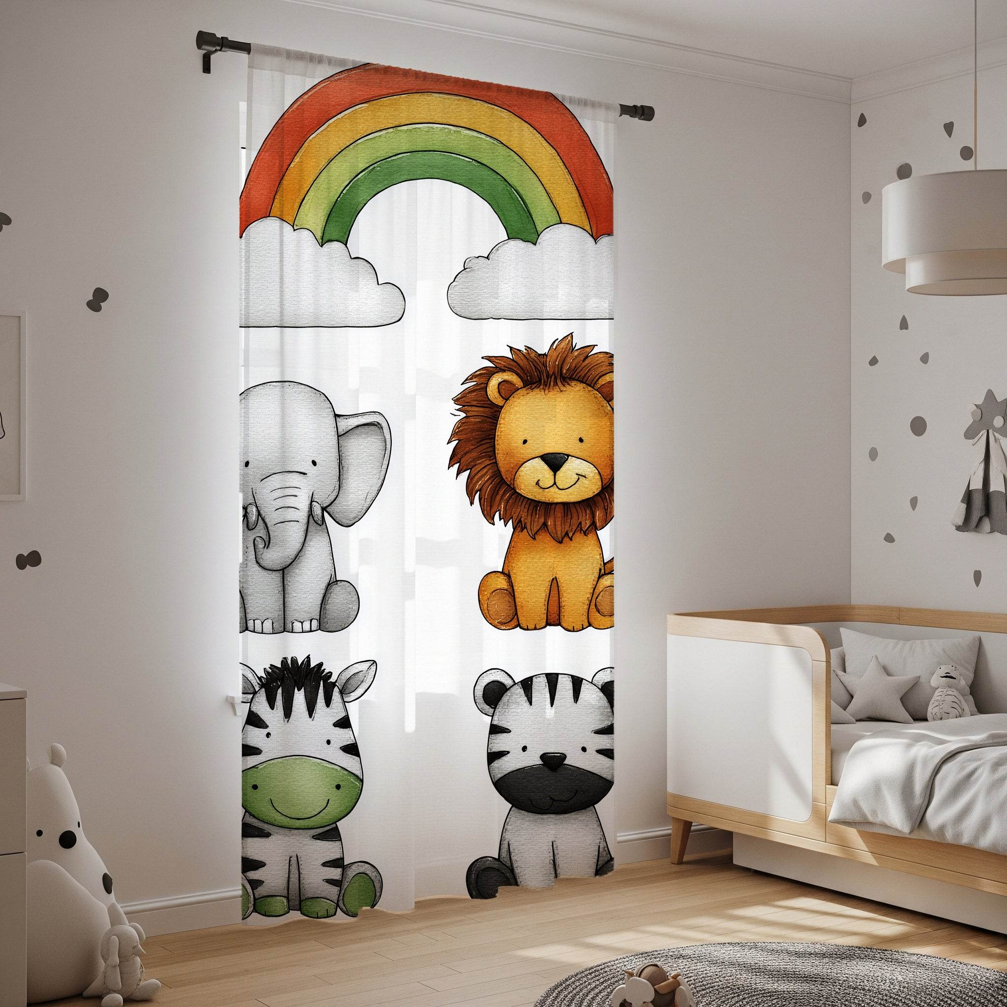 Whimsical Animal Window Curtain with Rainbow Design, Kids Room Decor, Nursery Curtains, Playroom Window Treatment, Cute Animal Prints - Home Decor -