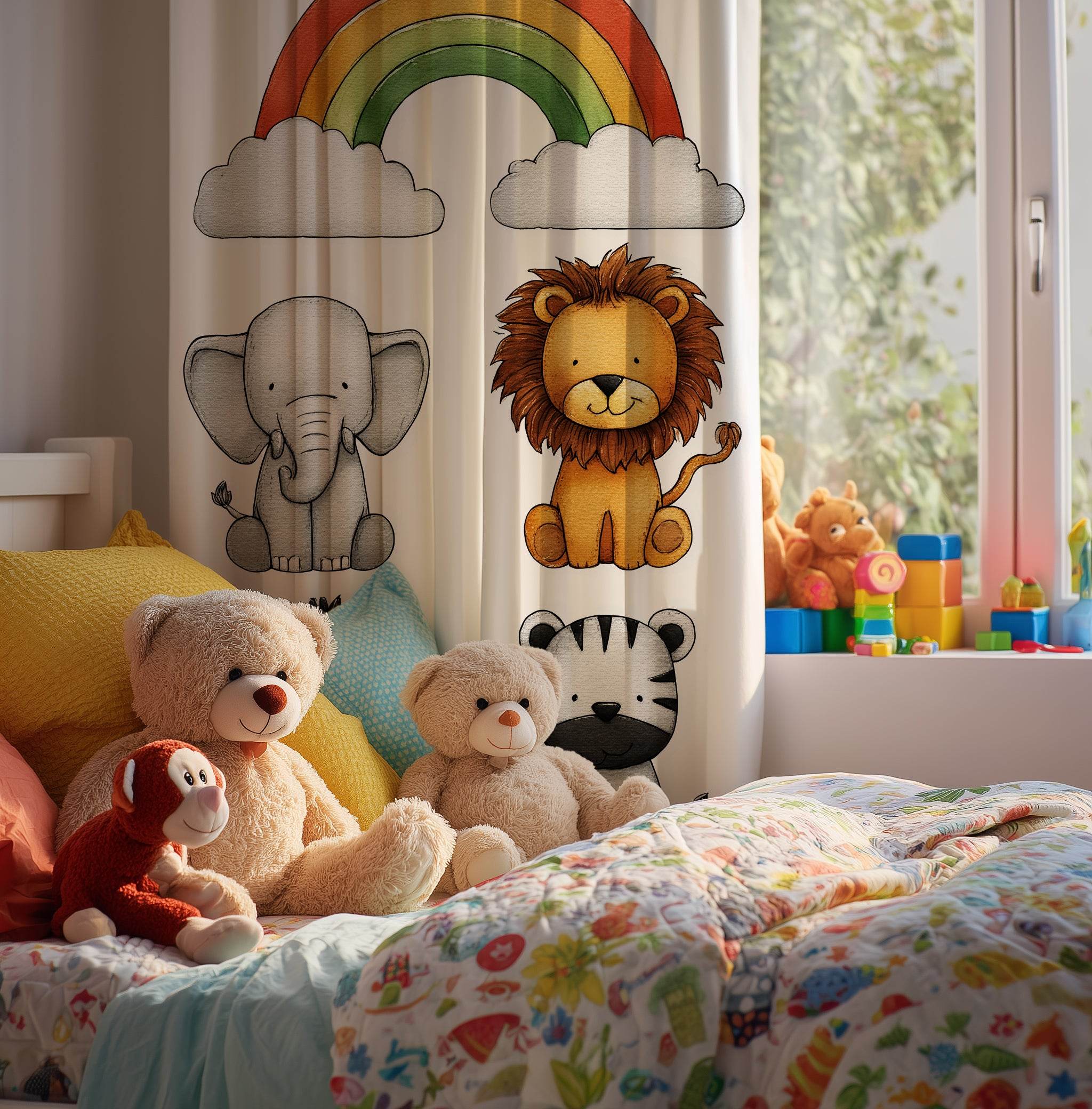 Whimsical Animal Window Curtain with Rainbow Design, Kids Room Decor, Nursery Curtains, Playroom Window Treatment, Cute Animal Prints - Home Decor -