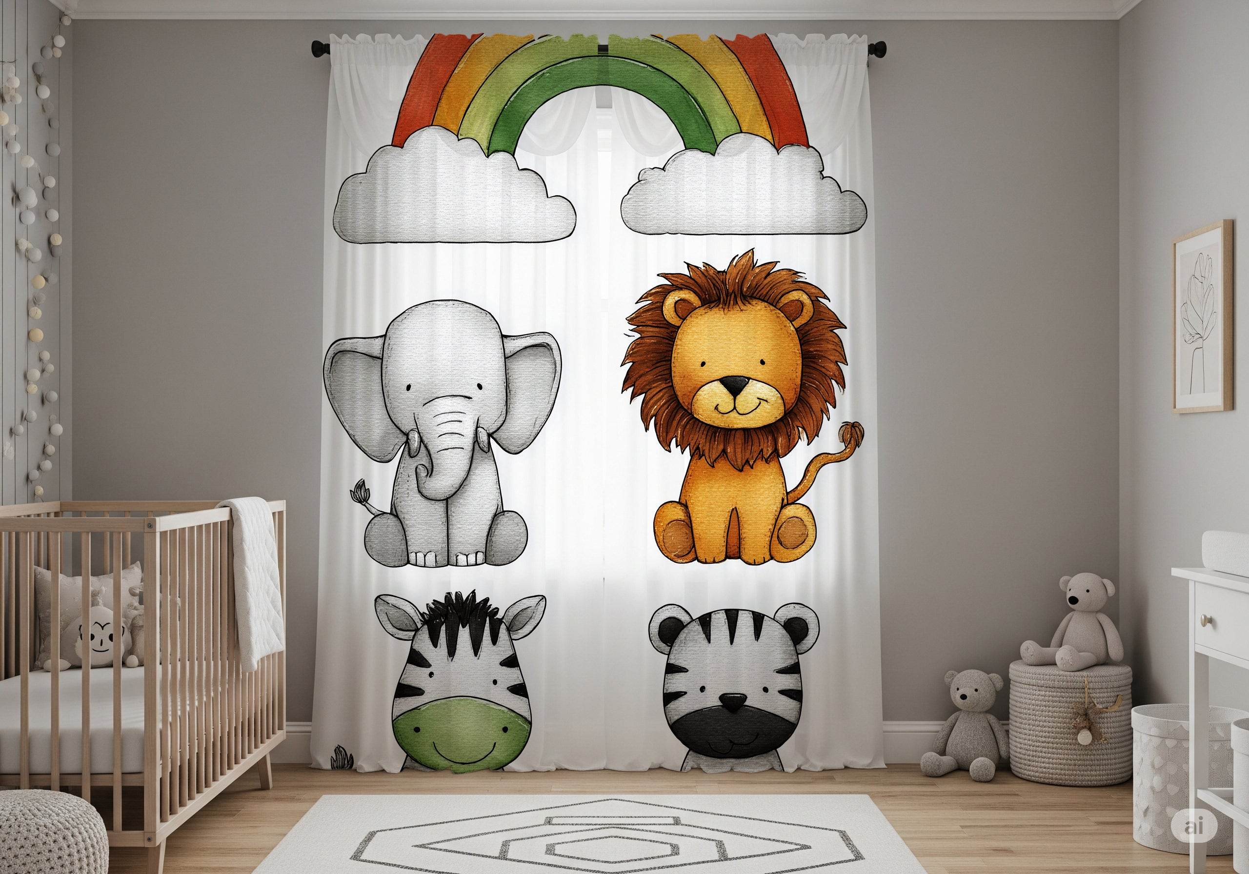 Whimsical Animal Window Curtain with Rainbow Design, Kids Room Decor, Nursery Curtains, Playroom Window Treatment, Cute Animal Prints - Home Decor -