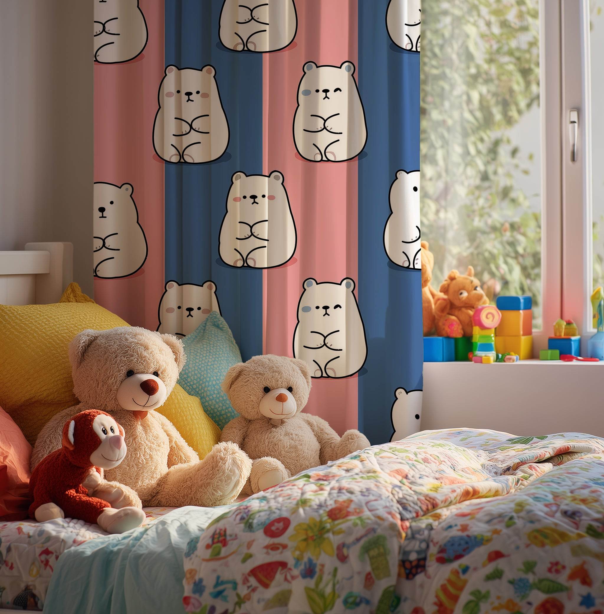 Cute Bear Pattern Window Curtain, Whimsical Home Decor, Kids Room Accent, Playful Window Treatment, Animal Lover Gift - Home Decor -
