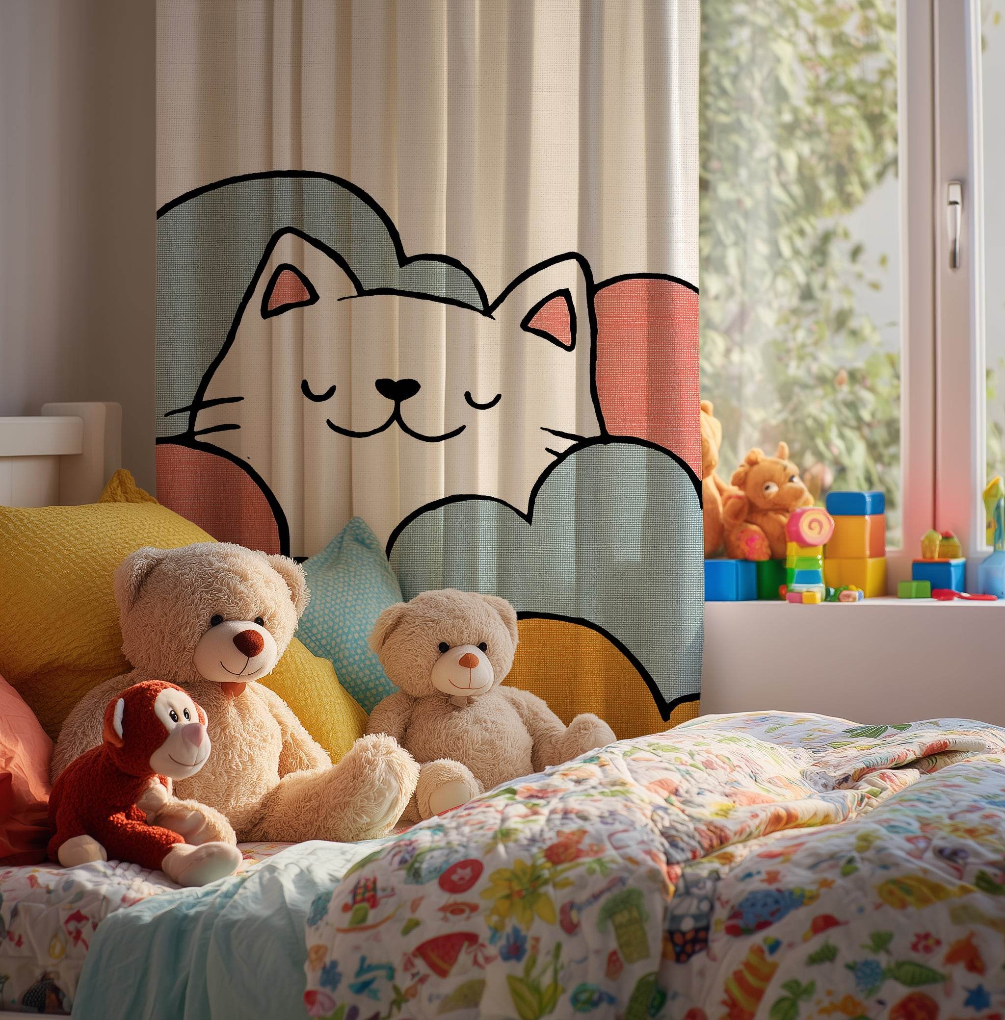 Whimsical Cat Window Curtain, Cute Decor for Cat Lovers, Nursery Curtain, Animal Theme Home Accents, Pet-Friendly Room, Cozy Living Room - Home Decor -