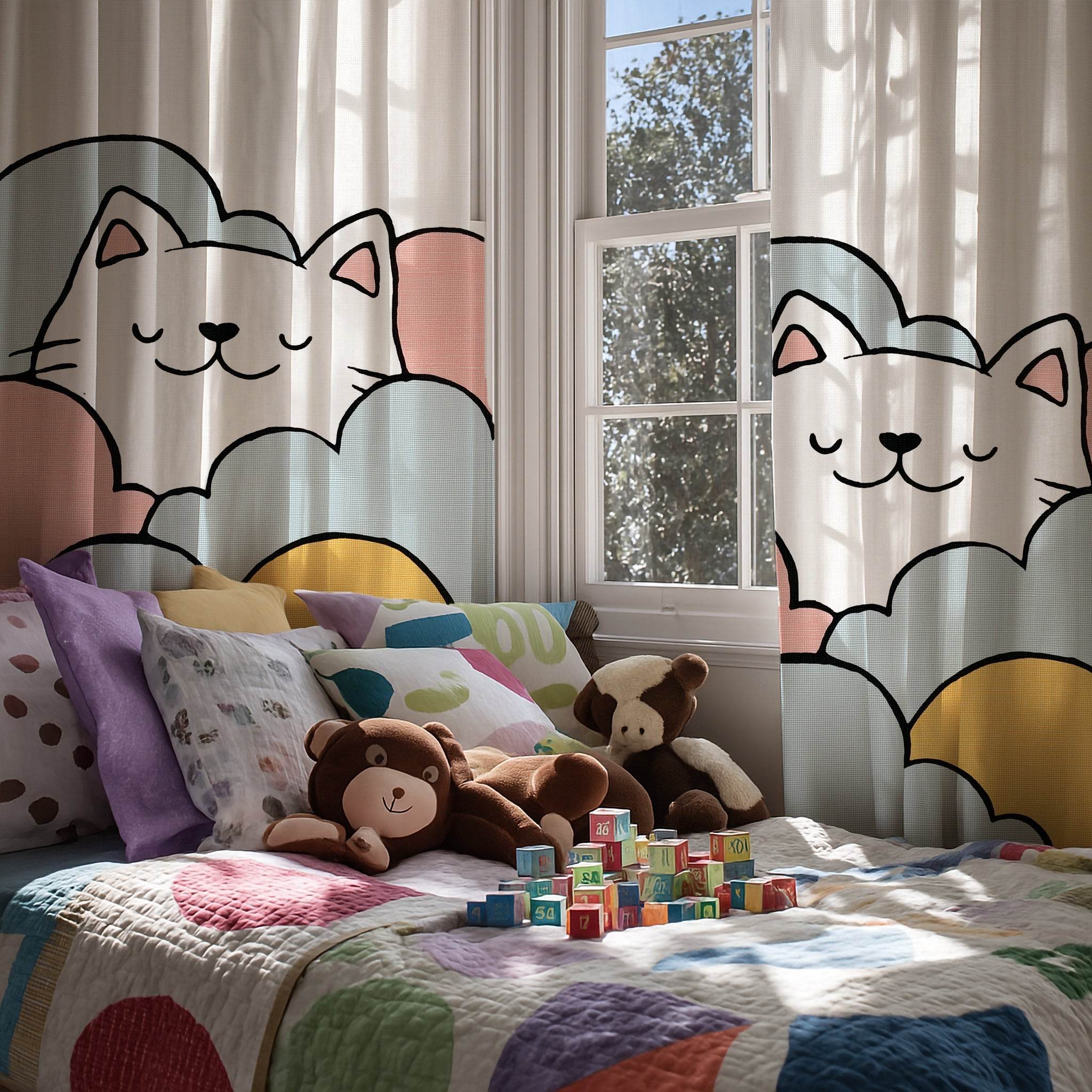 Whimsical Cat Window Curtain, Cute Decor for Cat Lovers, Nursery Curtain, Animal Theme Home Accents, Pet-Friendly Room, Cozy Living Room - Home Decor -