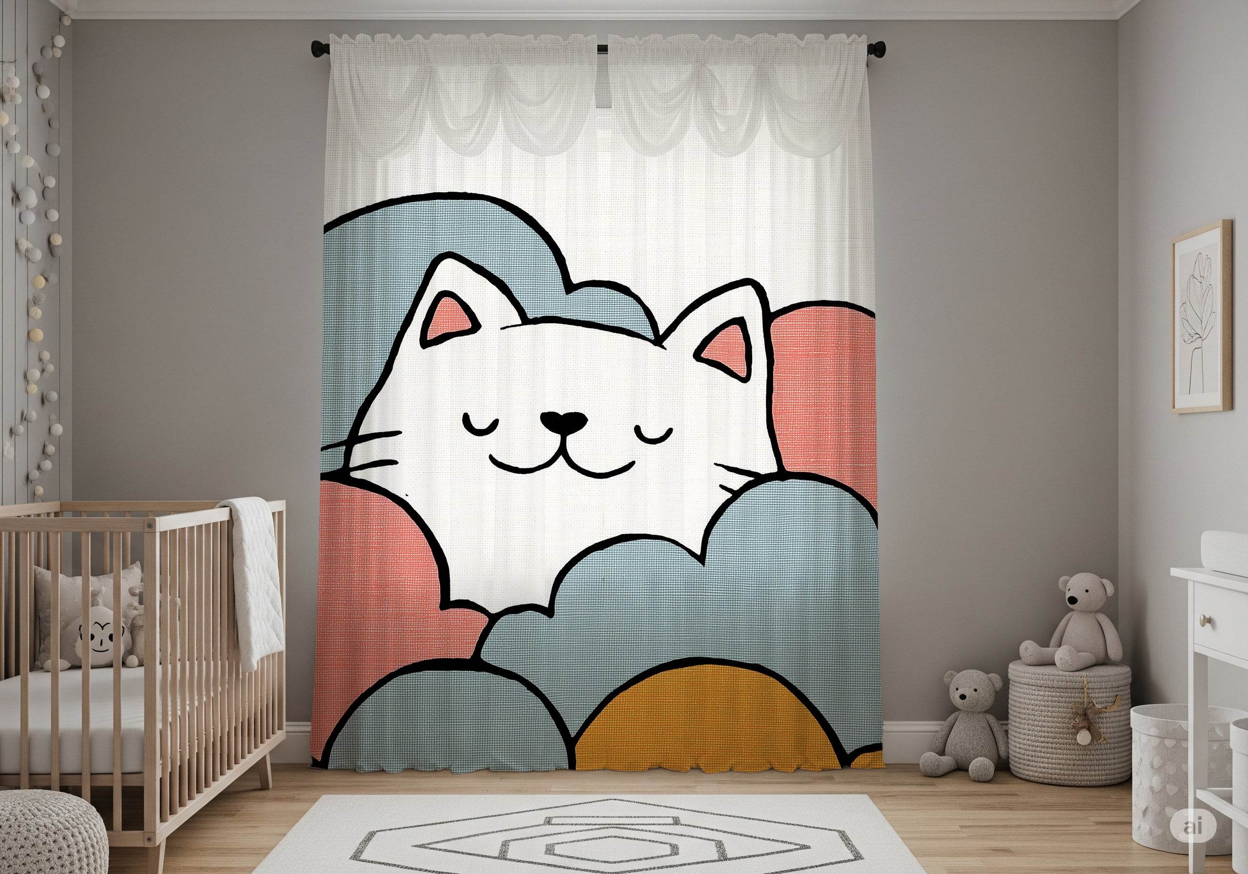 Whimsical Cat Window Curtain, Cute Decor for Cat Lovers, Nursery Curtain, Animal Theme Home Accents, Pet-Friendly Room, Cozy Living Room - Home Decor -