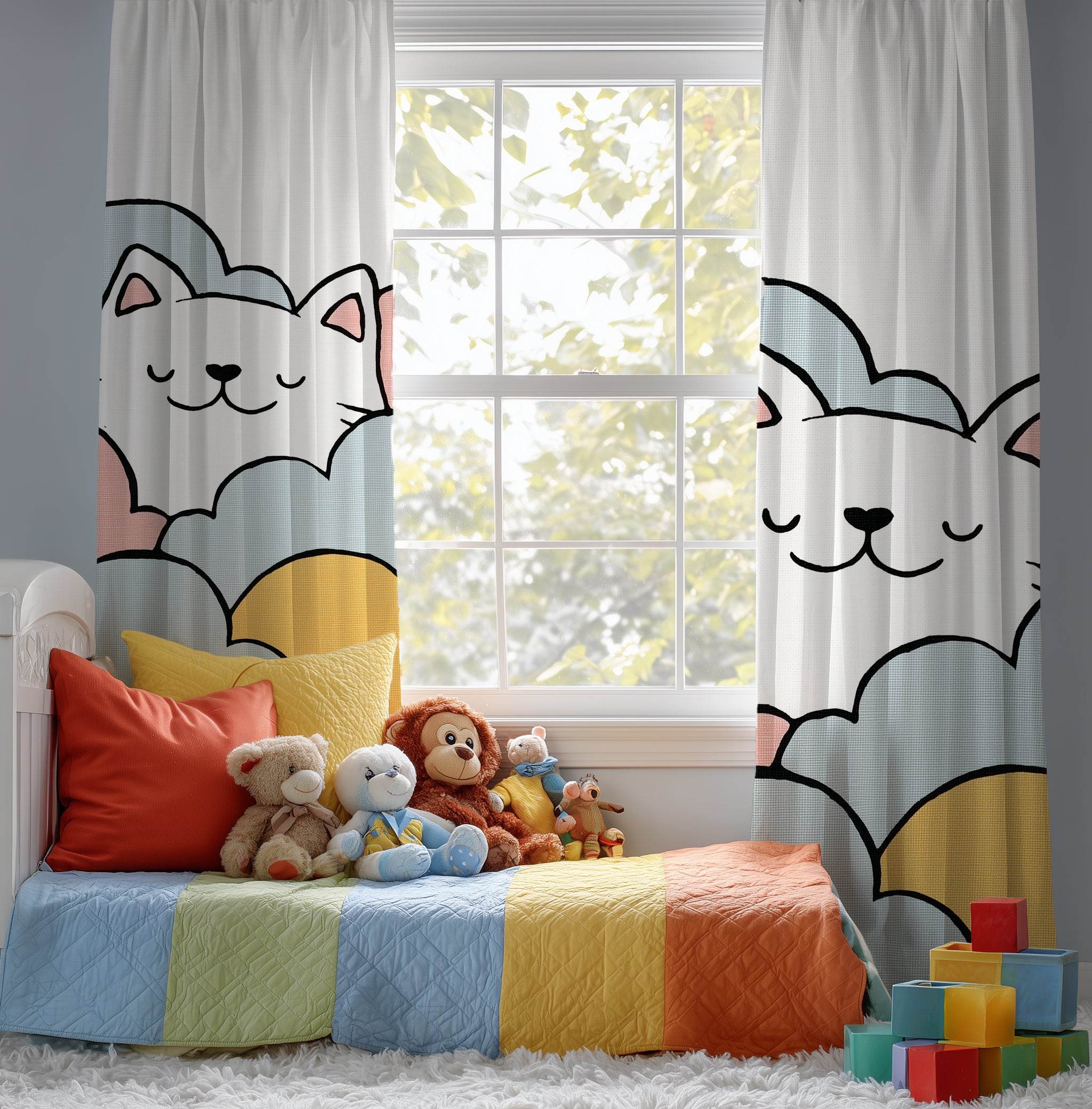 Whimsical Cat Window Curtain, Cute Decor for Cat Lovers, Nursery Curtain, Animal Theme Home Accents, Pet-Friendly Room, Cozy Living Room - Home Decor -