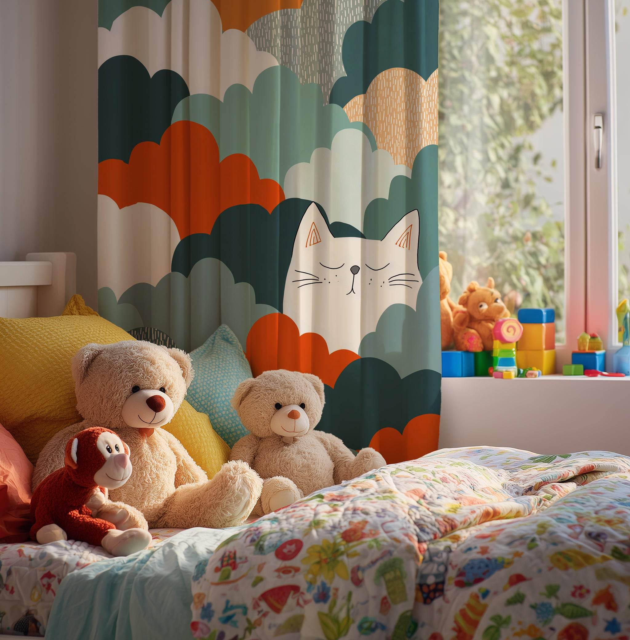 Cozy Cat Clouds Window Curtain, Soft Home Decor, Feline Lovers, Living Room, Nursery, Cat Themed, Light Filter, Unique Home Gift - Home Decor -