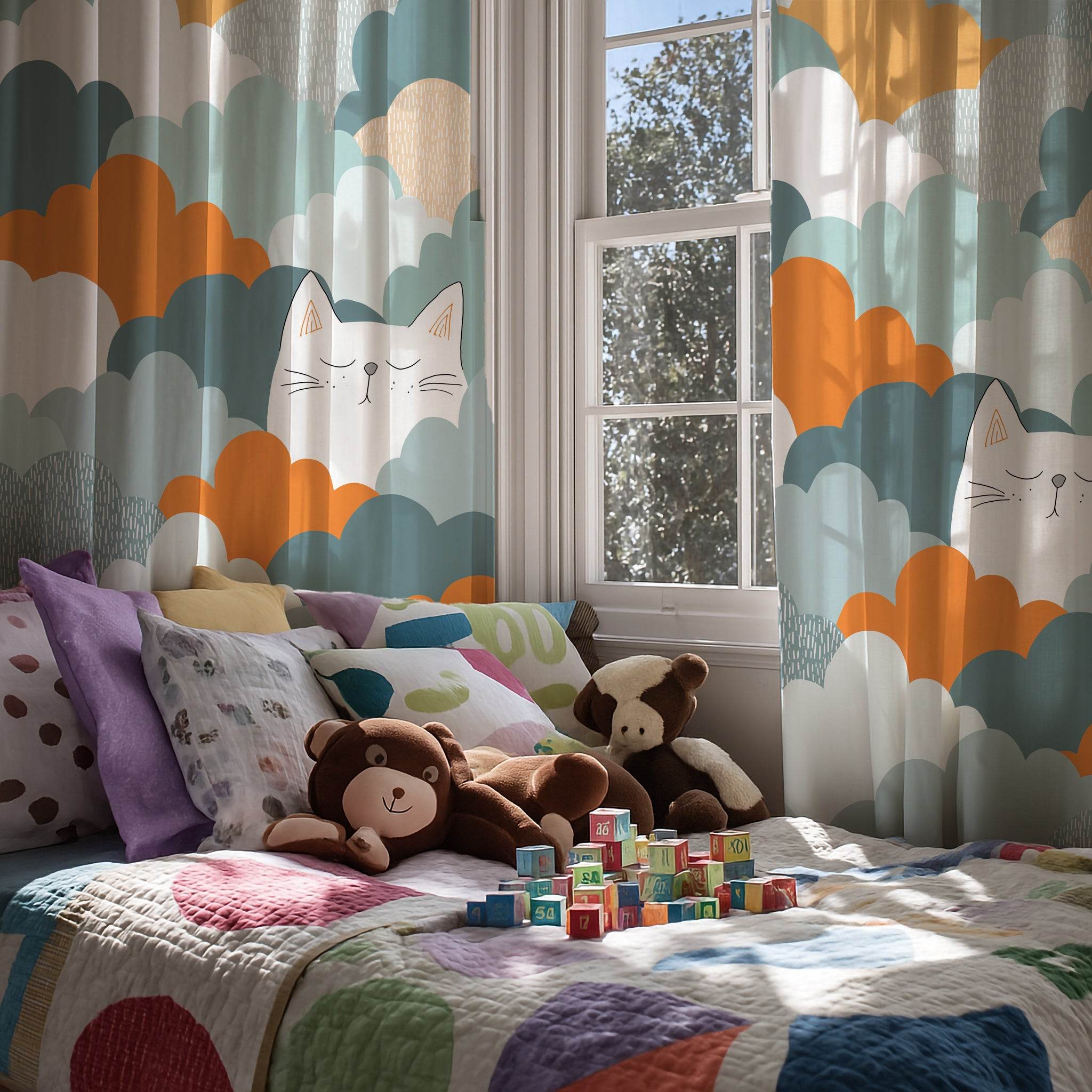 Cozy Cat Clouds Window Curtain, Soft Home Decor, Feline Lovers, Living Room, Nursery, Cat Themed, Light Filter, Unique Home Gift - Home Decor -