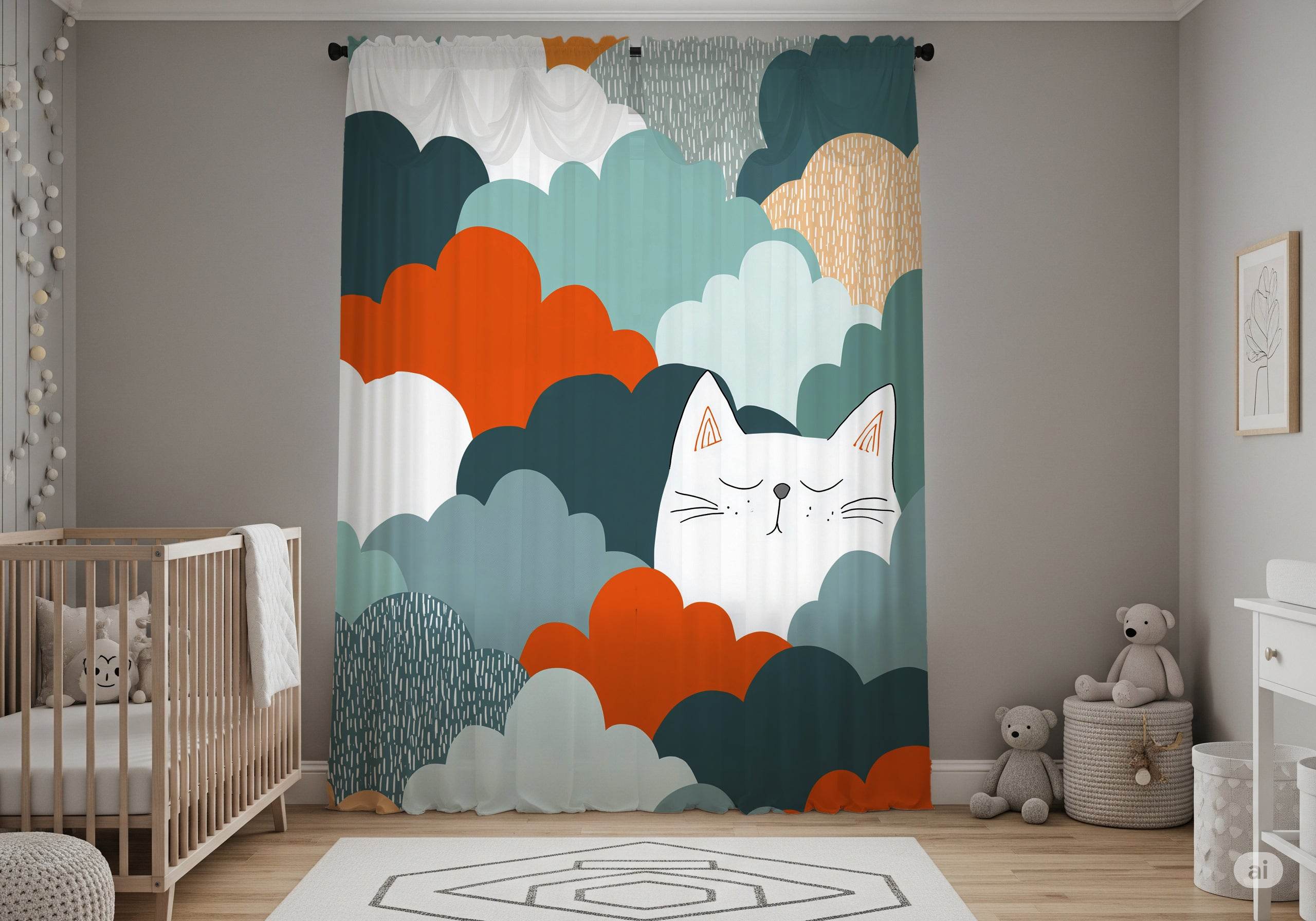 Cozy Cat Clouds Window Curtain, Soft Home Decor, Feline Lovers, Living Room, Nursery, Cat Themed, Light Filter, Unique Home Gift - Home Decor -