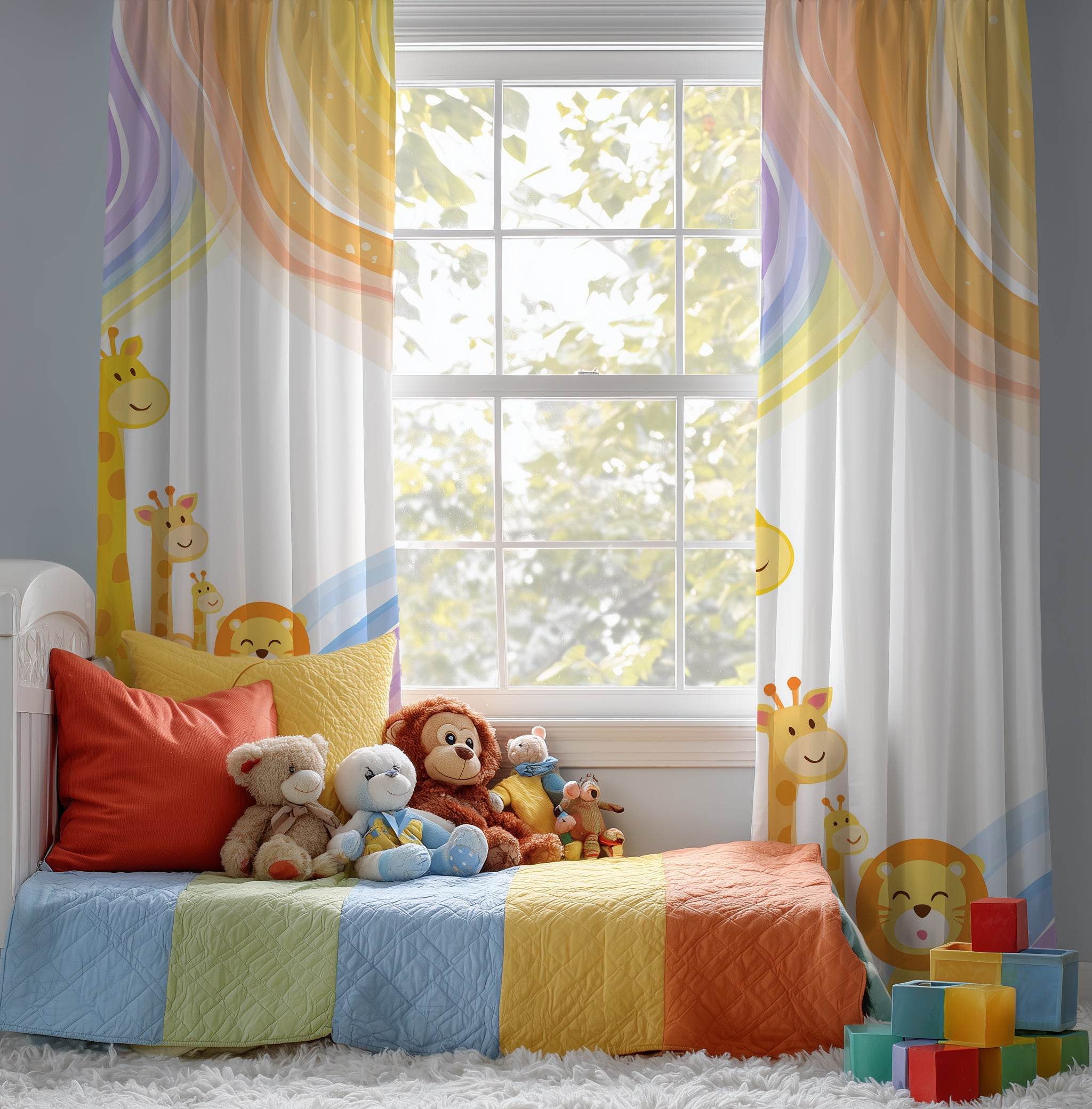 Whimsical Animal Window Curtain – Kids Room Decor, Nursery Style, Playful Design, Giraffe & Lion Theme, Colorful Sheer Drapes - Home Decor -