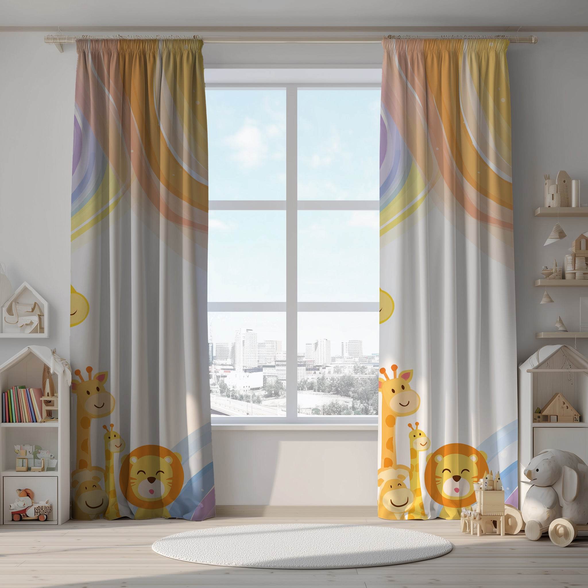 Whimsical Animal Window Curtain – Kids Room Decor, Nursery Style, Playful Design, Giraffe & Lion Theme, Colorful Sheer Drapes - Home Decor -
