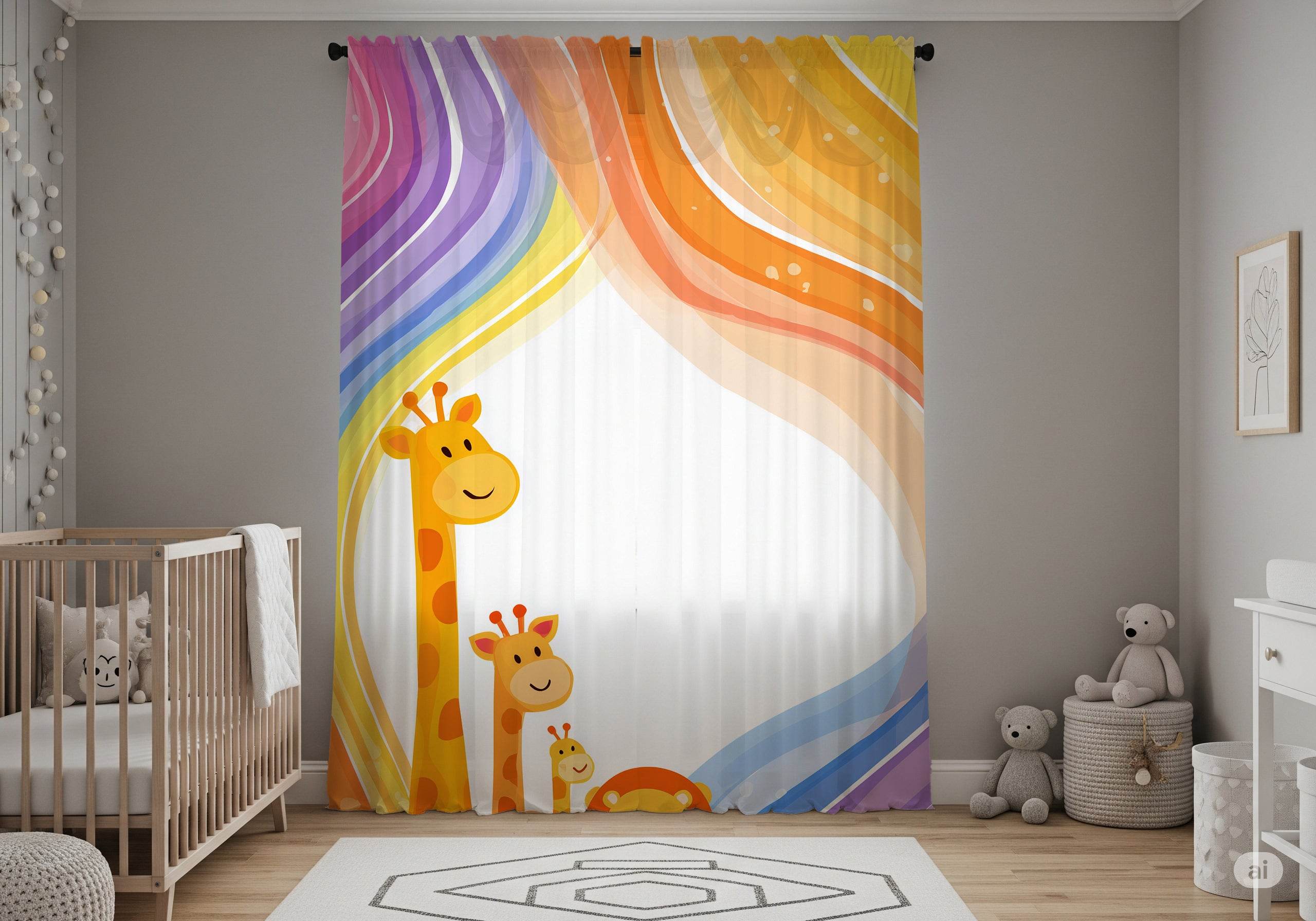 Whimsical Animal Window Curtain – Kids Room Decor, Nursery Style, Playful Design, Giraffe & Lion Theme, Colorful Sheer Drapes - Home Decor -