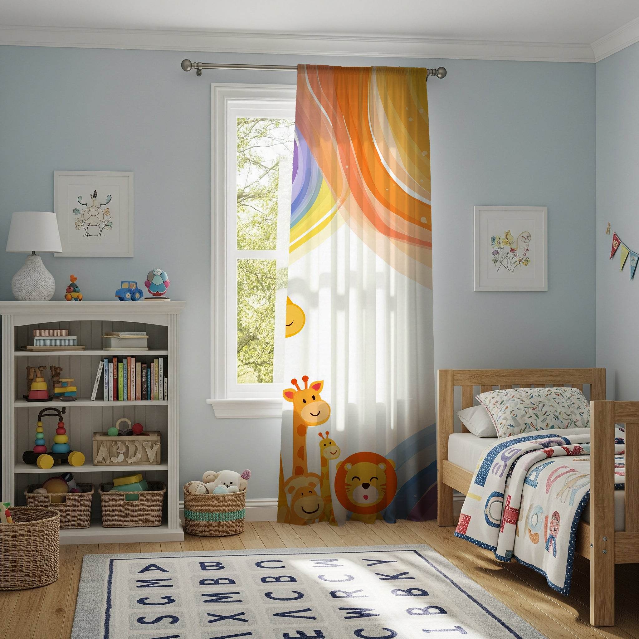 Whimsical Animal Window Curtain – Kids Room Decor, Nursery Style, Playful Design, Giraffe & Lion Theme, Colorful Sheer Drapes - Home Decor -