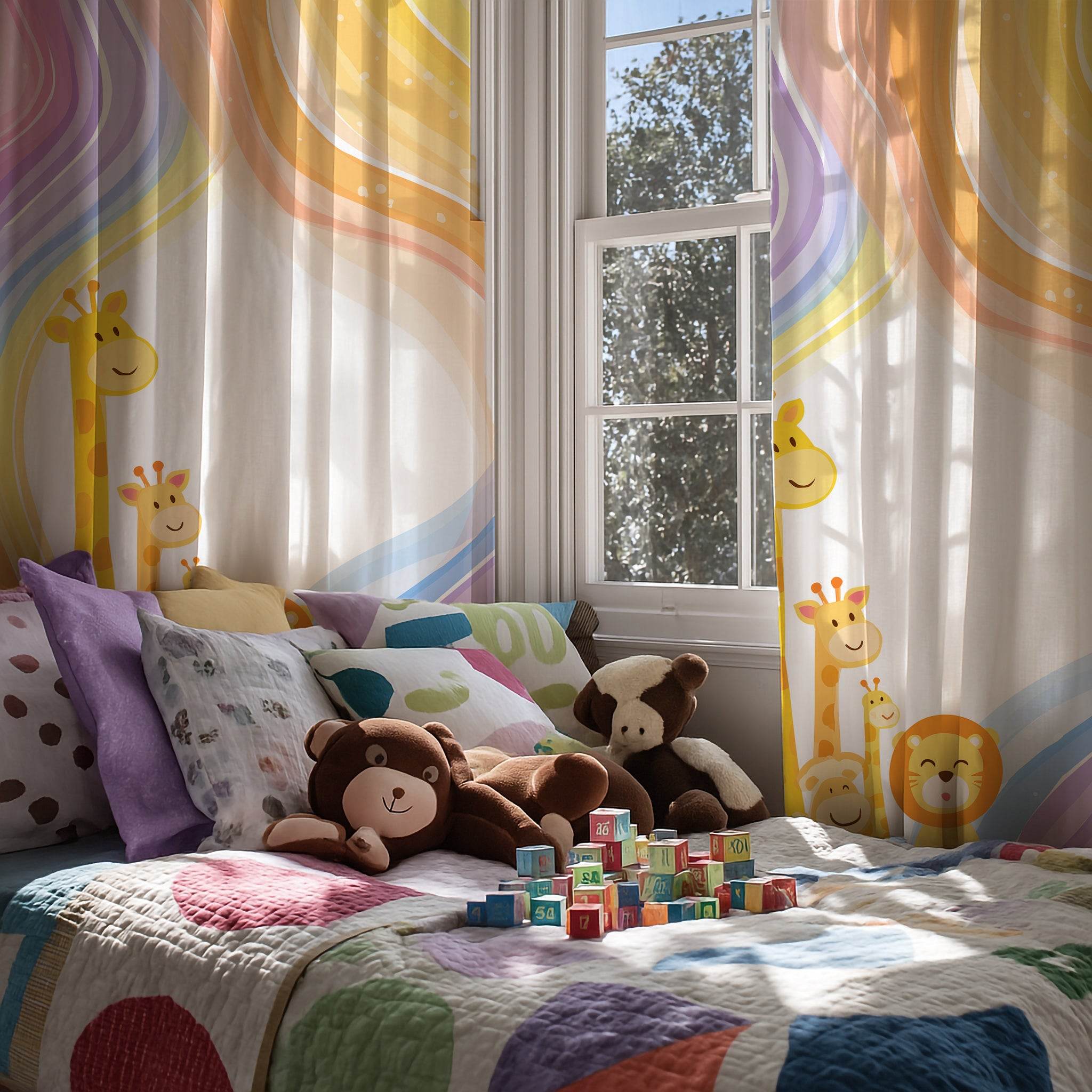 Whimsical Animal Window Curtain – Kids Room Decor, Nursery Style, Playful Design, Giraffe & Lion Theme, Colorful Sheer Drapes - Home Decor -