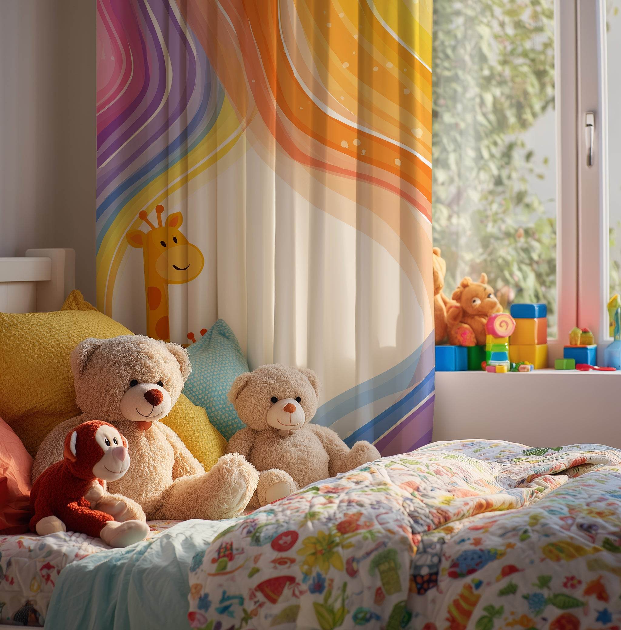 Whimsical Animal Window Curtain – Kids Room Decor, Nursery Style, Playful Design, Giraffe & Lion Theme, Colorful Sheer Drapes - Home Decor -