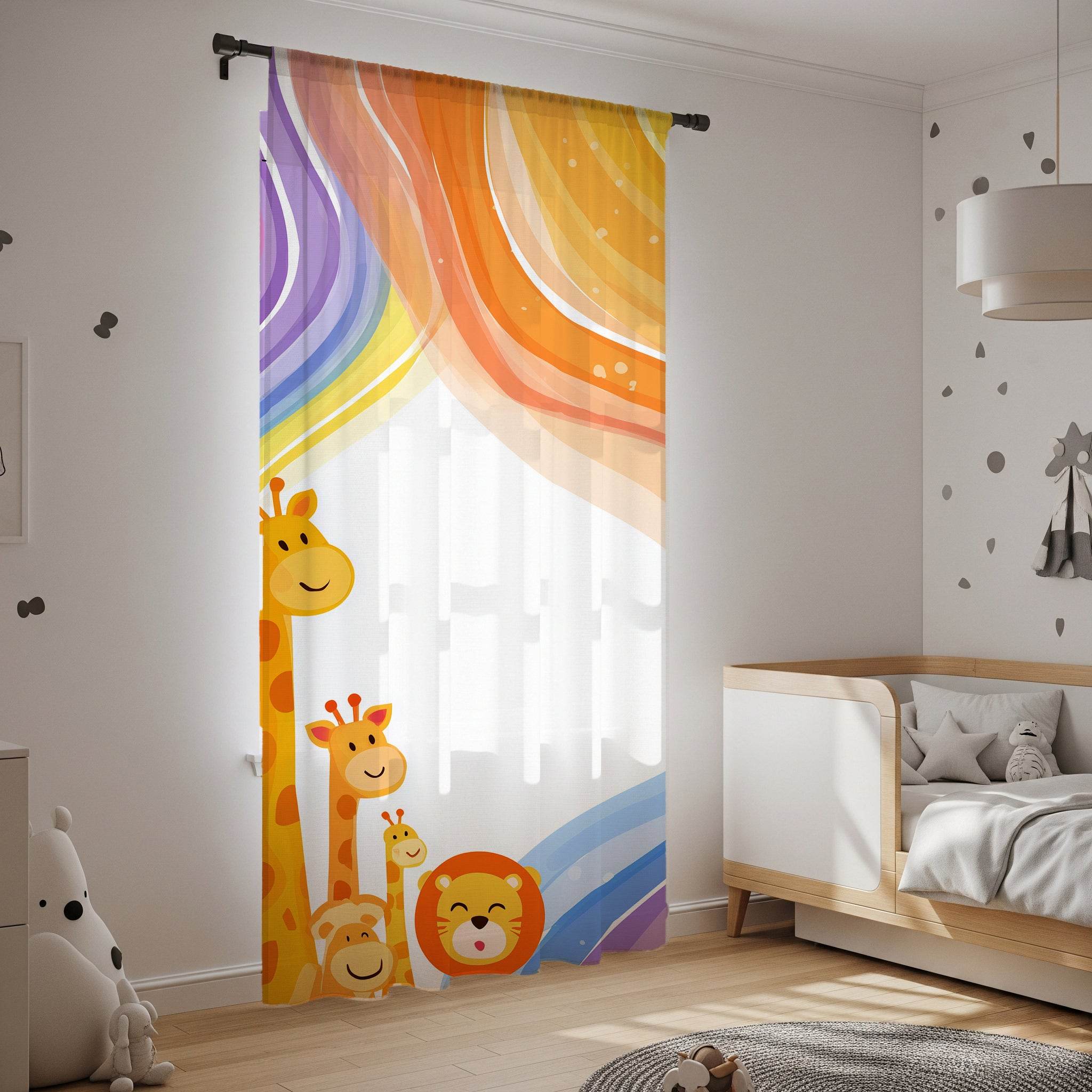 Whimsical Animal Window Curtain – Kids Room Decor, Nursery Style, Playful Design, Giraffe & Lion Theme, Colorful Sheer Drapes - Home Decor -