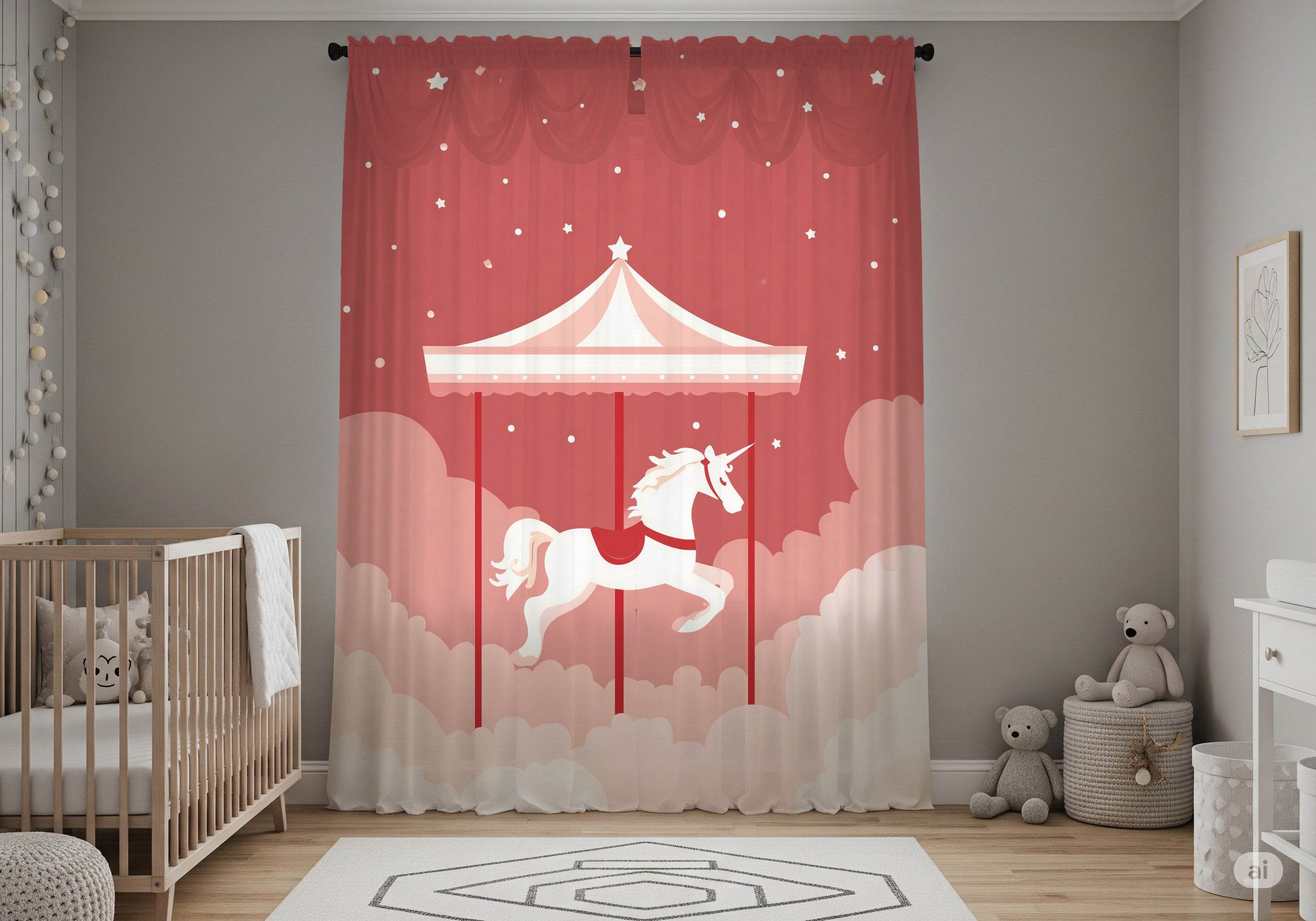 Whimsical Unicorn Carousel Window Curtain, Kids Room Decor, Nursery Curtains, Fairy Tale Decor, Magical Home Accessories - Home Decor -