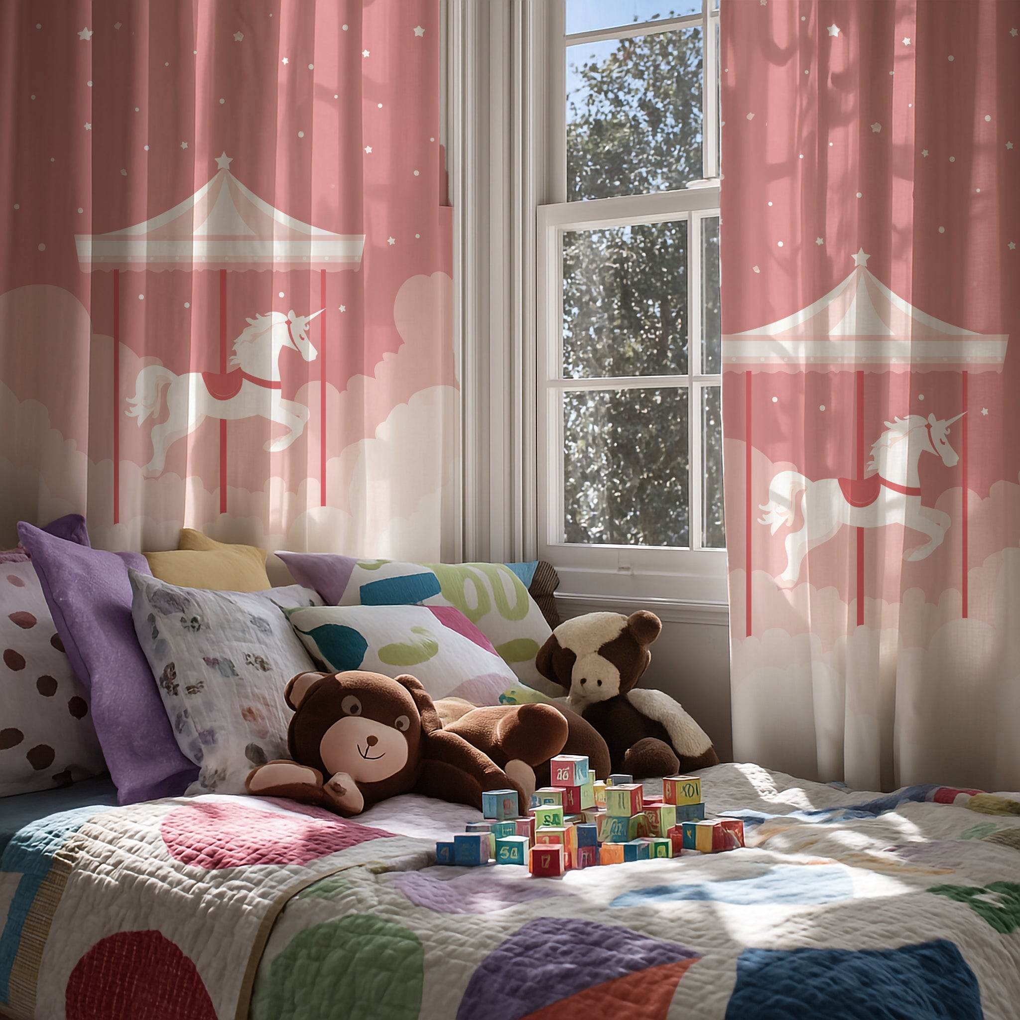 Whimsical Unicorn Carousel Window Curtain, Kids Room Decor, Nursery Curtains, Fairy Tale Decor, Magical Home Accessories - Home Decor -