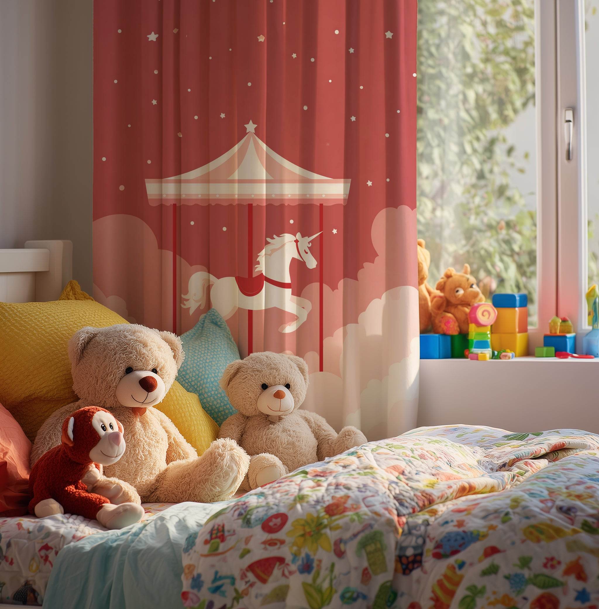 Whimsical Unicorn Carousel Window Curtain, Kids Room Decor, Nursery Curtains, Fairy Tale Decor, Magical Home Accessories - Home Decor -