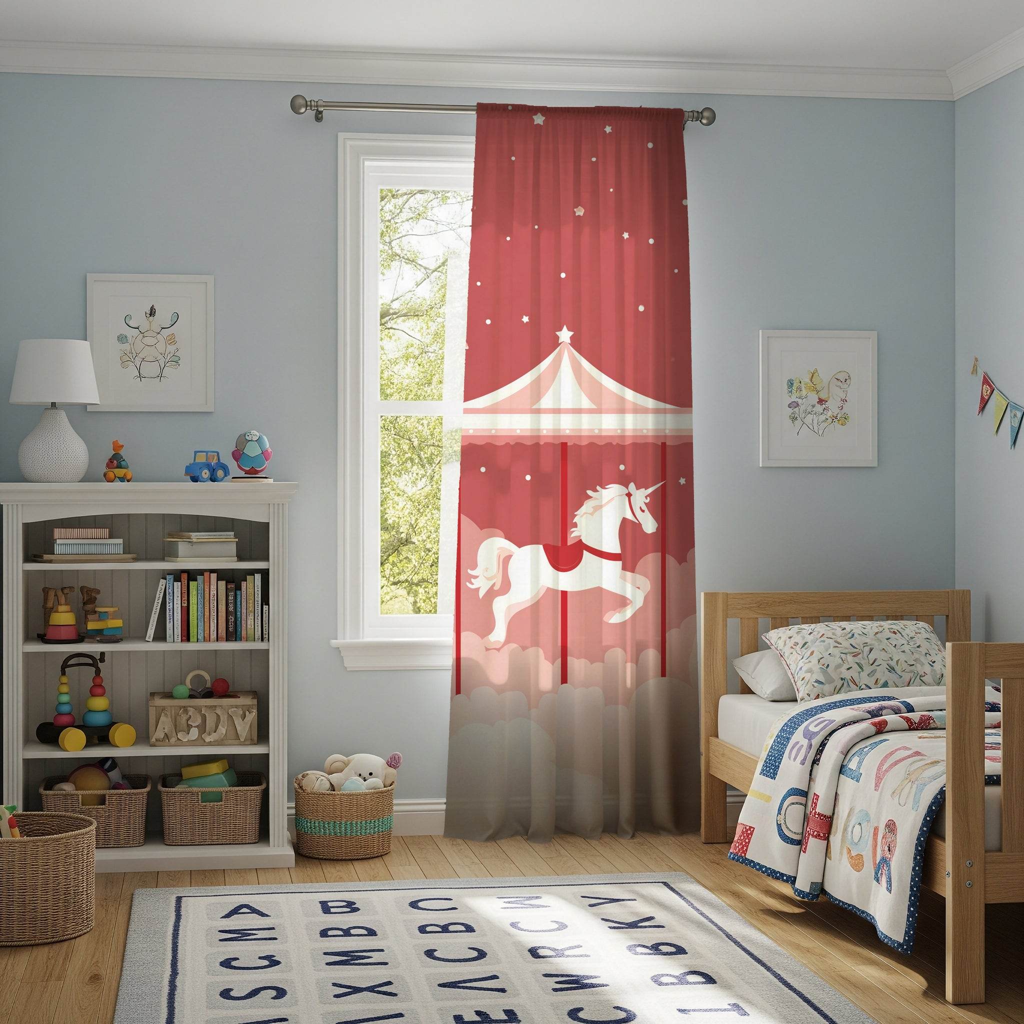 Whimsical Unicorn Carousel Window Curtain, Kids Room Decor, Nursery Curtains, Fairy Tale Decor, Magical Home Accessories - Home Decor -