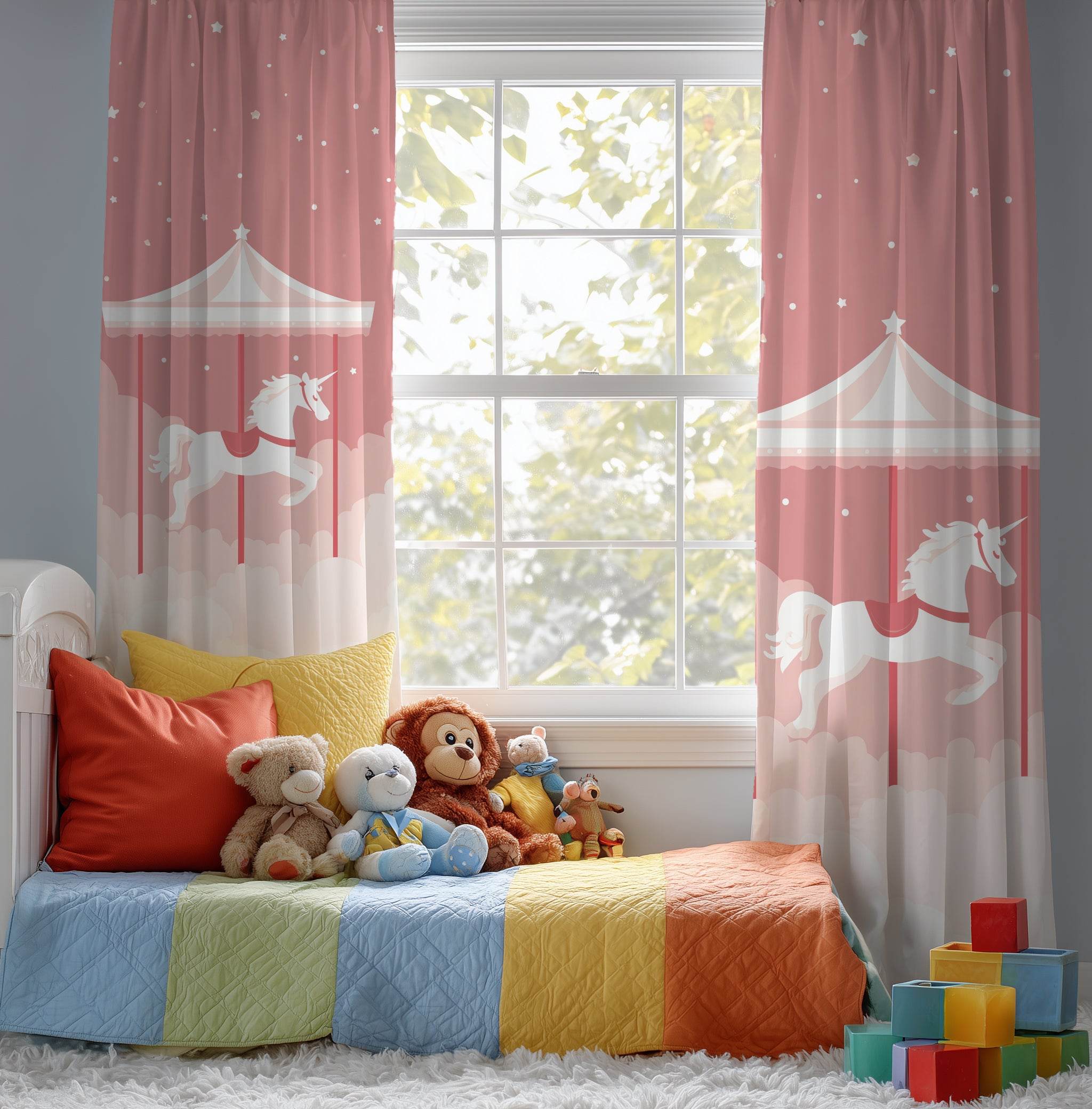 Whimsical Unicorn Carousel Window Curtain, Kids Room Decor, Nursery Curtains, Fairy Tale Decor, Magical Home Accessories - Home Decor -