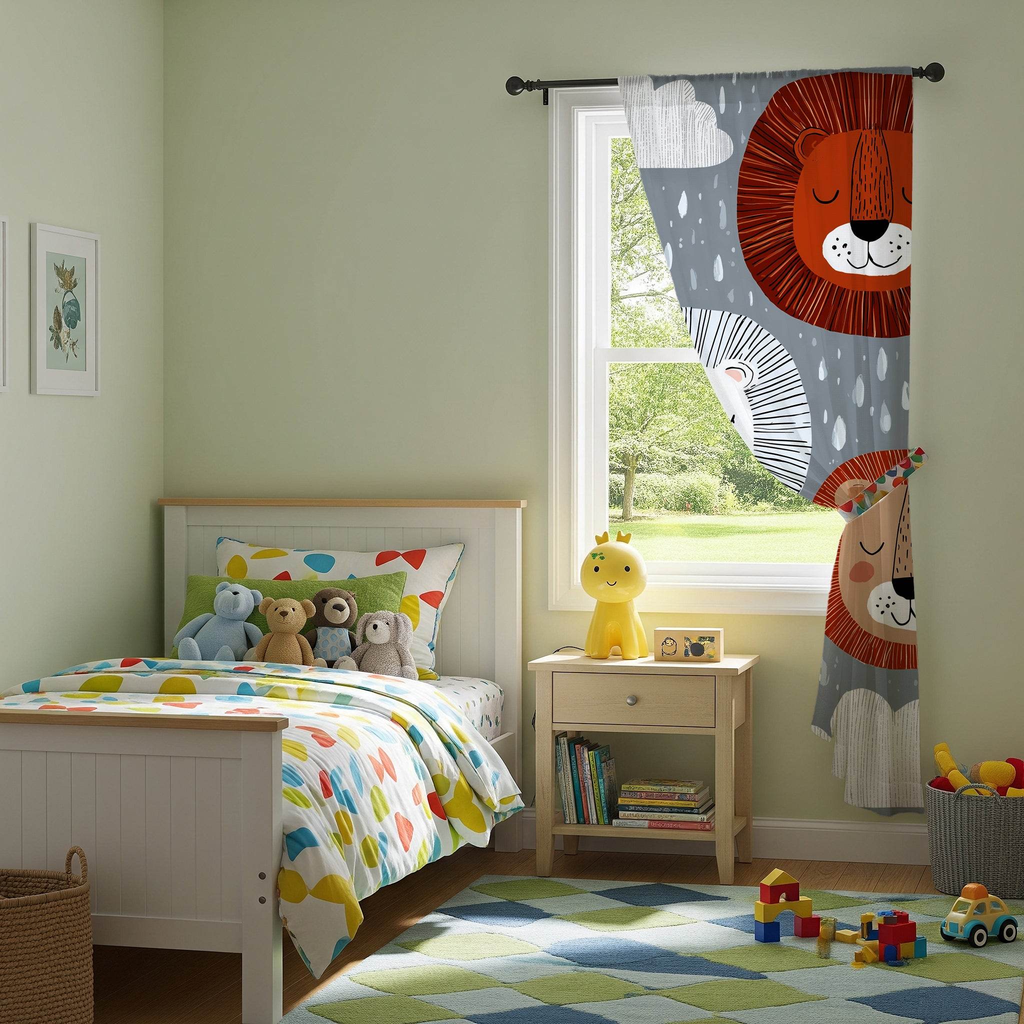Cute Lion Window Curtain for Kids Room, Animal Nursery Decor, Playroom Curtains, Jungle Theme, Gifts for Baby Shower - Home Decor -