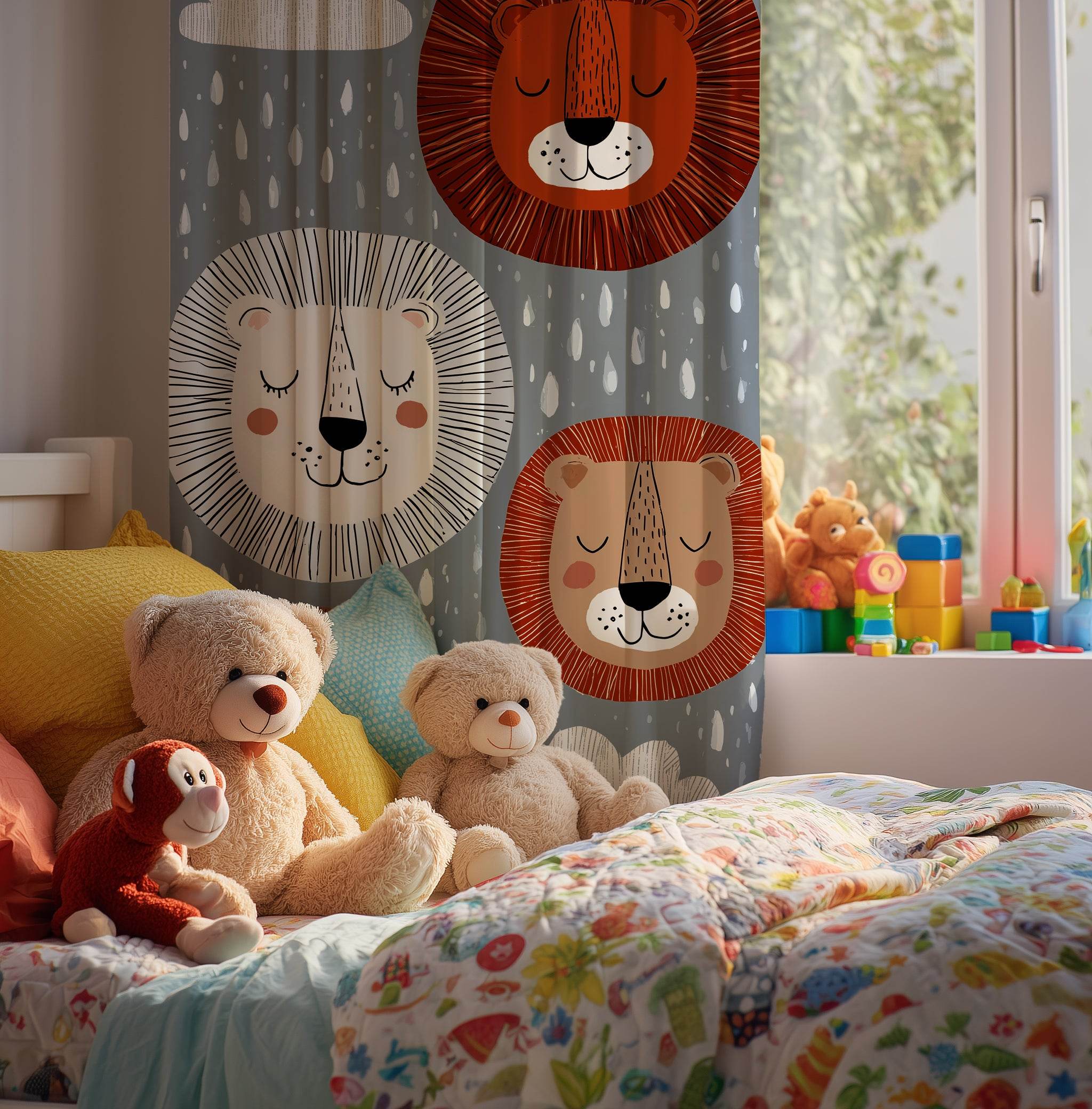 Cute Lion Window Curtain for Kids Room, Animal Nursery Decor, Playroom Curtains, Jungle Theme, Gifts for Baby Shower - Home Decor -