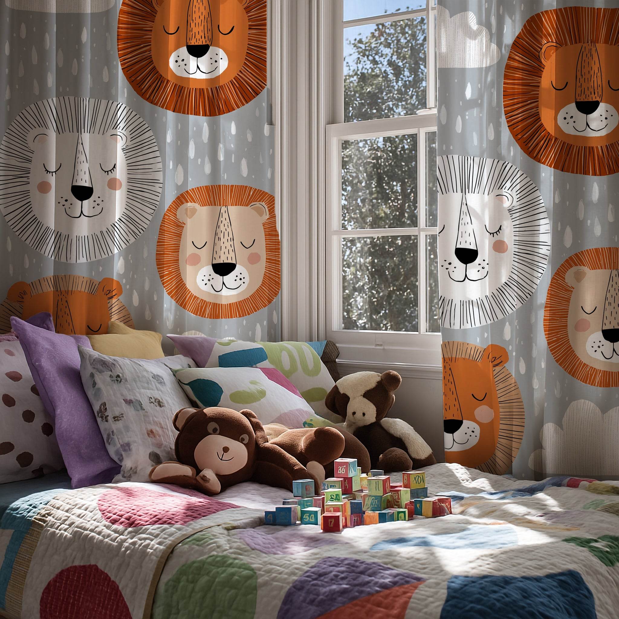 Cute Lion Window Curtain for Kids Room, Animal Nursery Decor, Playroom Curtains, Jungle Theme, Gifts for Baby Shower - Home Decor -