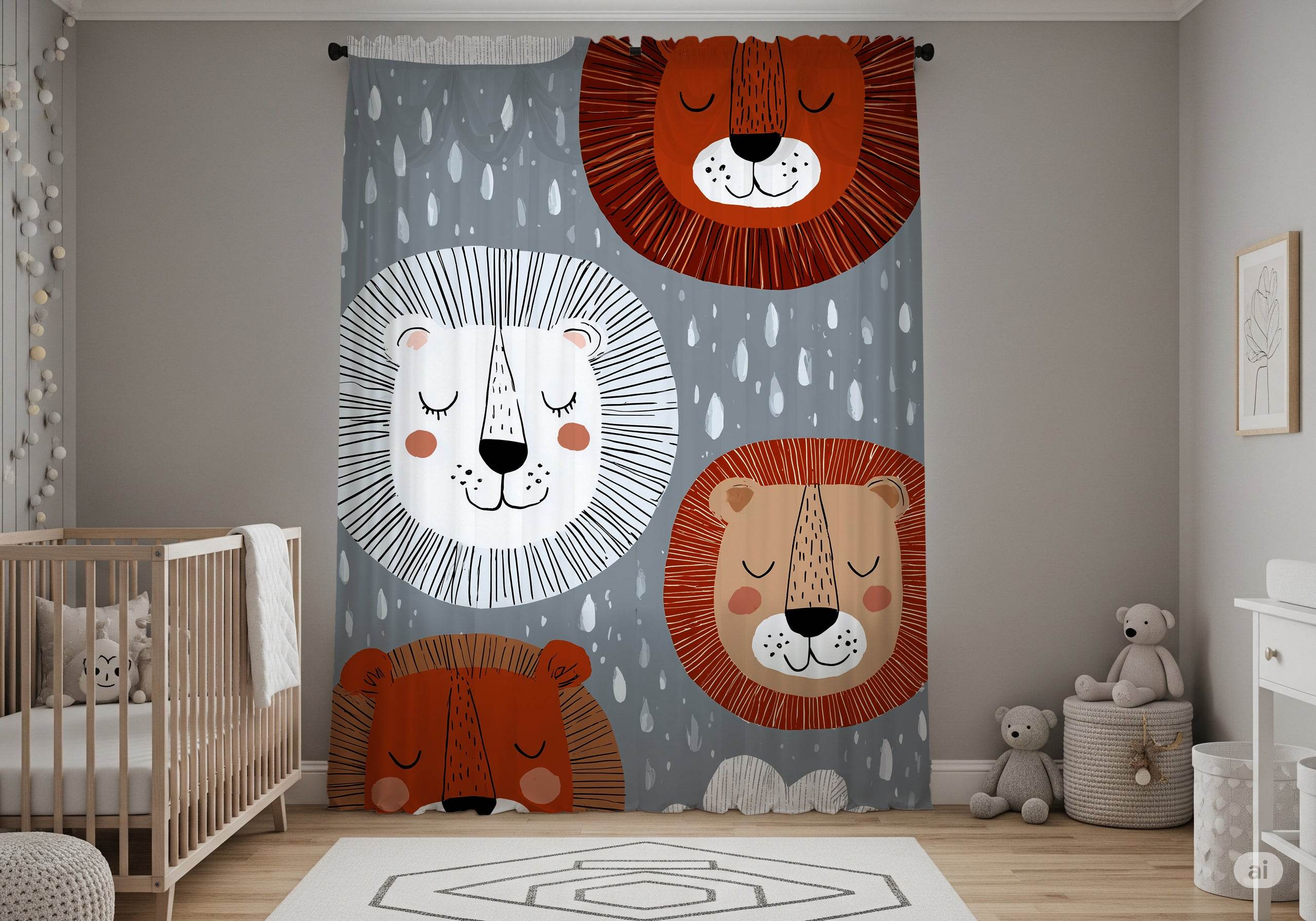 Cute Lion Window Curtain for Kids Room, Animal Nursery Decor, Playroom Curtains, Jungle Theme, Gifts for Baby Shower - Home Decor -