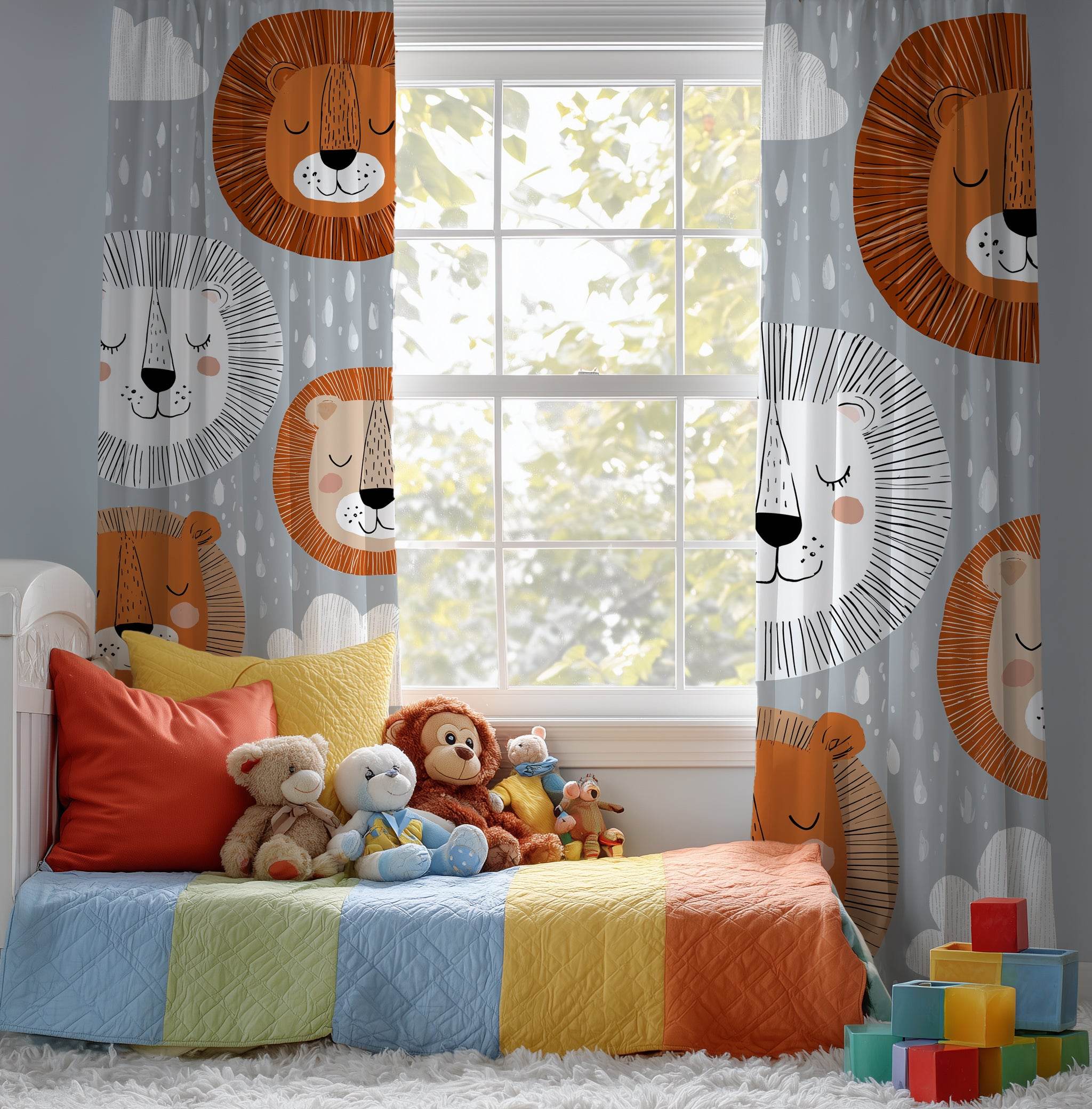 Cute Lion Window Curtain for Kids Room, Animal Nursery Decor, Playroom Curtains, Jungle Theme, Gifts for Baby Shower - Home Decor -