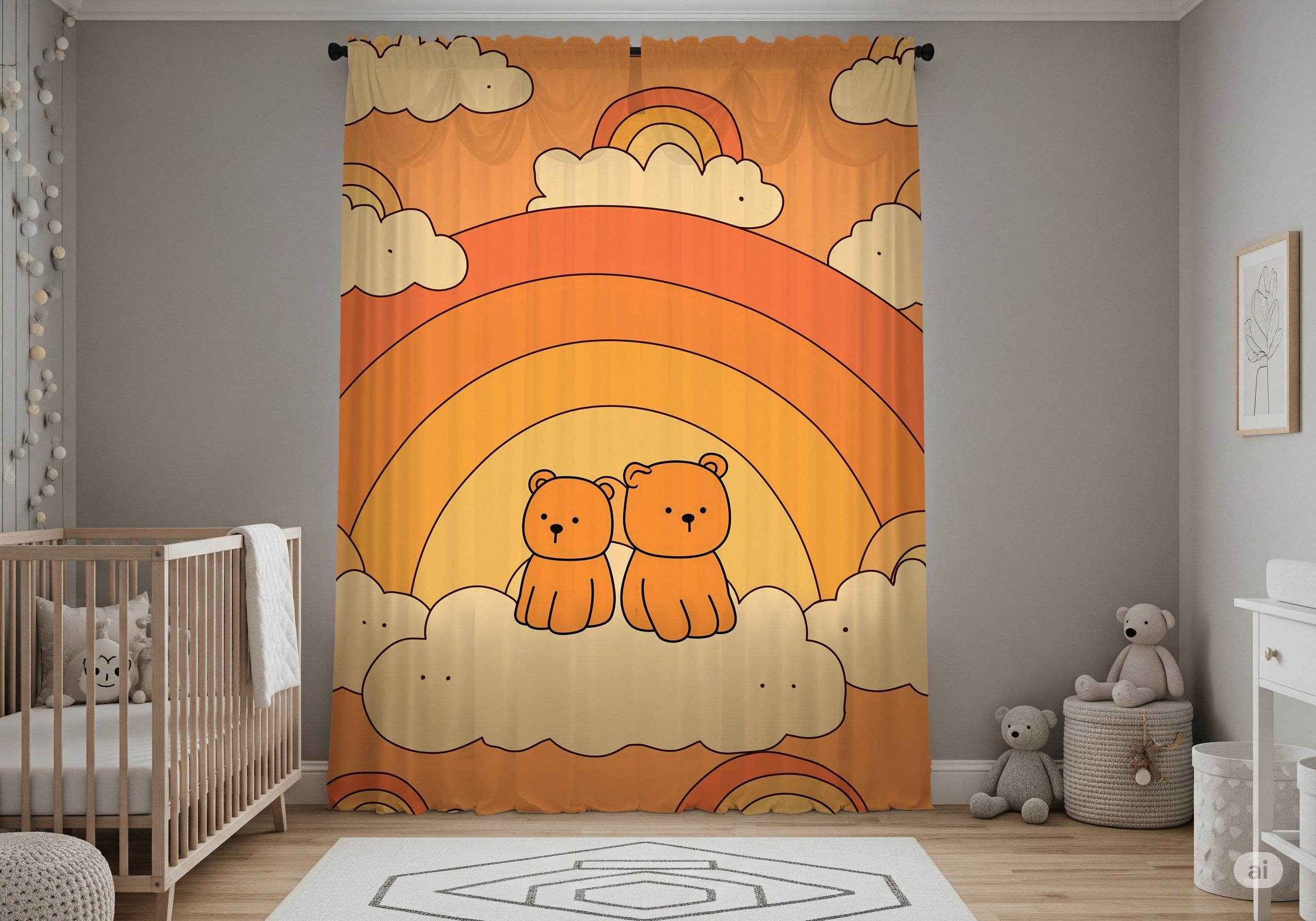 Cute Bear Rainbow Window Curtain, Child's Room Decor, Nursery Curtains, Playroom Drapes, Soft Pastel Home Accessories
