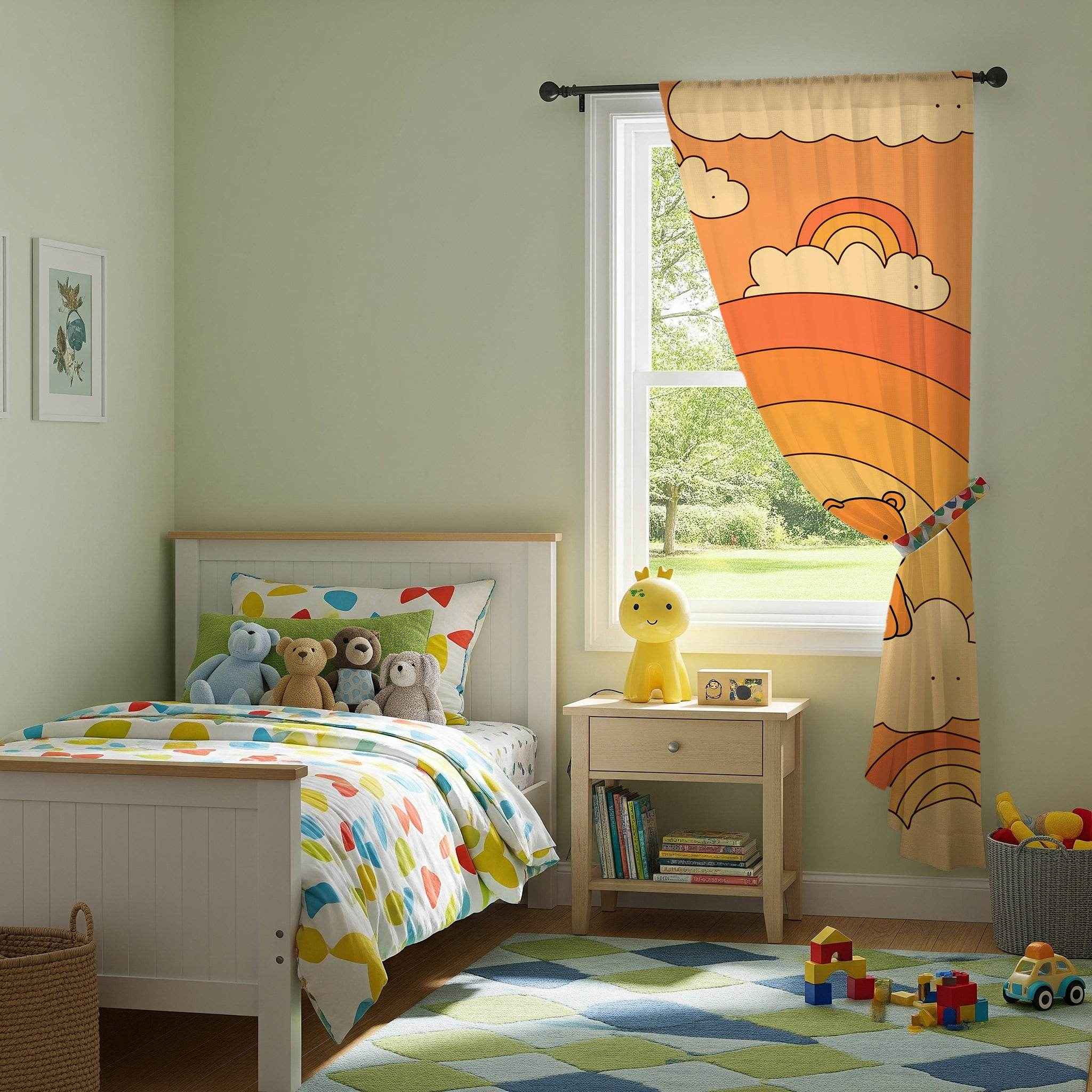 Cute Bear Rainbow Window Curtain, Child's Room Decor, Nursery Curtains, Playroom Drapes, Soft Pastel Home Accessories